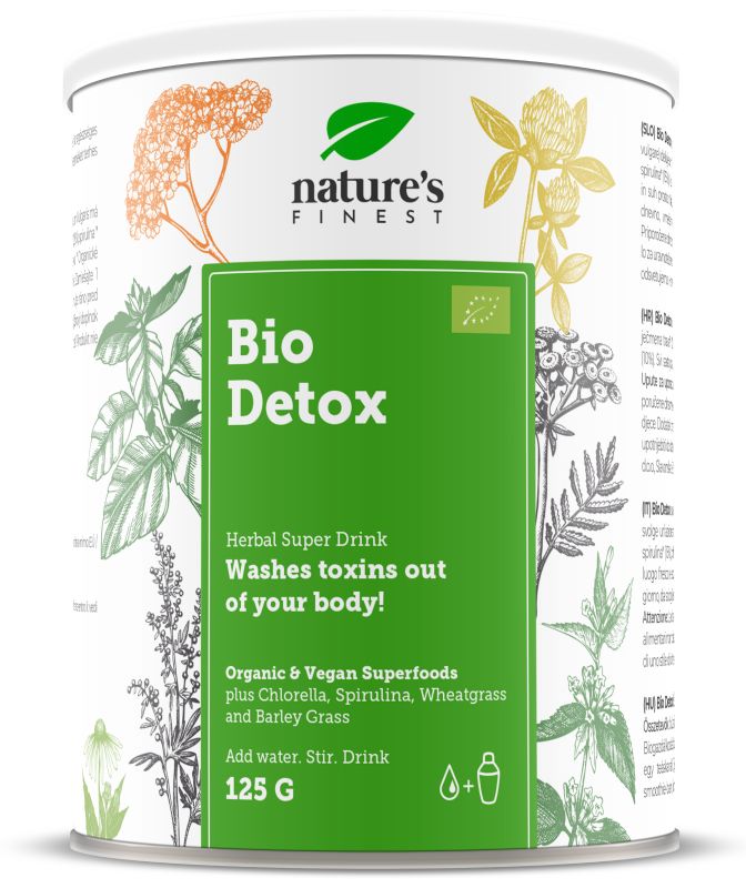 Boîte blanche avec étiquette verte. Inscription: Bio Detox, Herbal Super Drink. Avec label bio. 125 G.