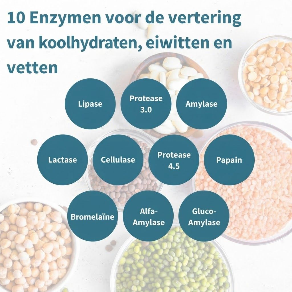 Grafiek met 10 verteringsenzymen: Lipase, Protease 3.0, Amylase, Lactase, Cellulase, Protease 4.5, Papain, Bromelaïne, Alfa-Amylase, Gluco-Amylase.