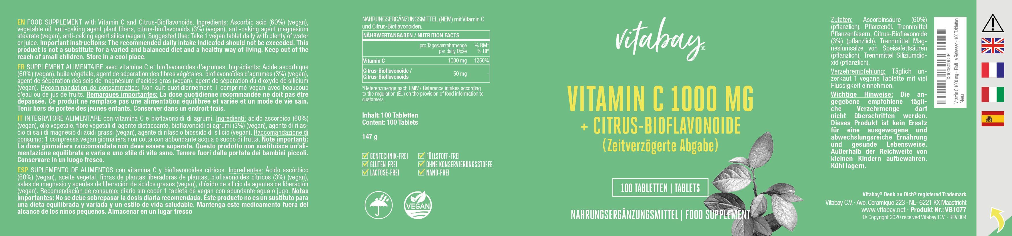 Vitabay Vitamine C 1000 mg avec Bioflavonoïdes d'Agrumes, 60 comprimés. Emballage vert avec texte et illustration de plante.