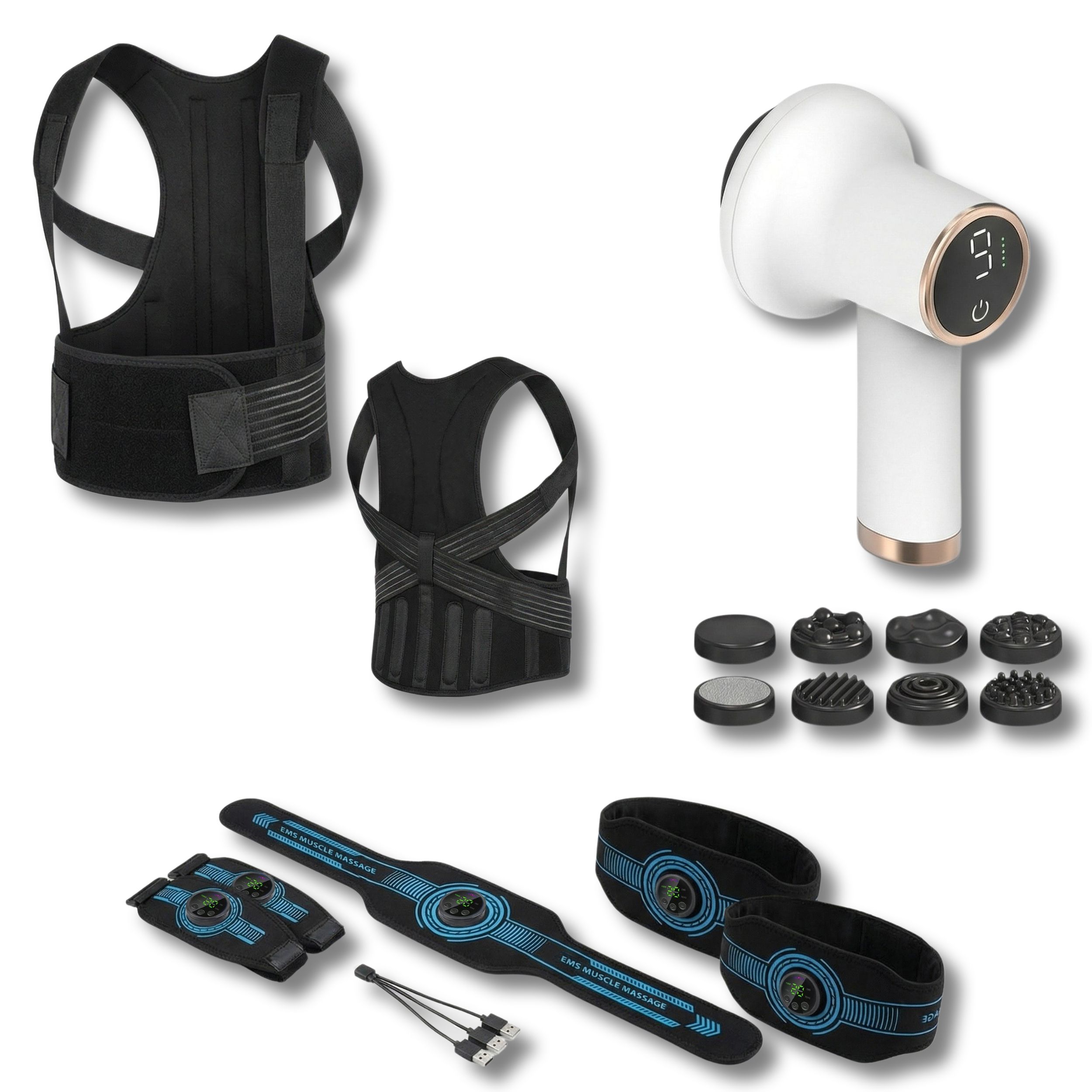 Support dorsal, appareils EMS, masseur avec accessoires. Noir, blanc et bleu. Différentes formes et tailles.