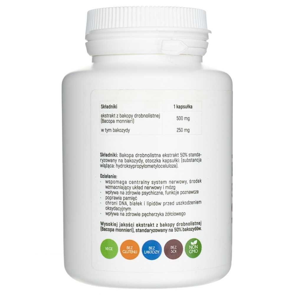 Achterkant van een wit capsulepotje met ingrediënten en gebruiksaanwijzing voor Aliness Bacopa monnieri extract 50%.