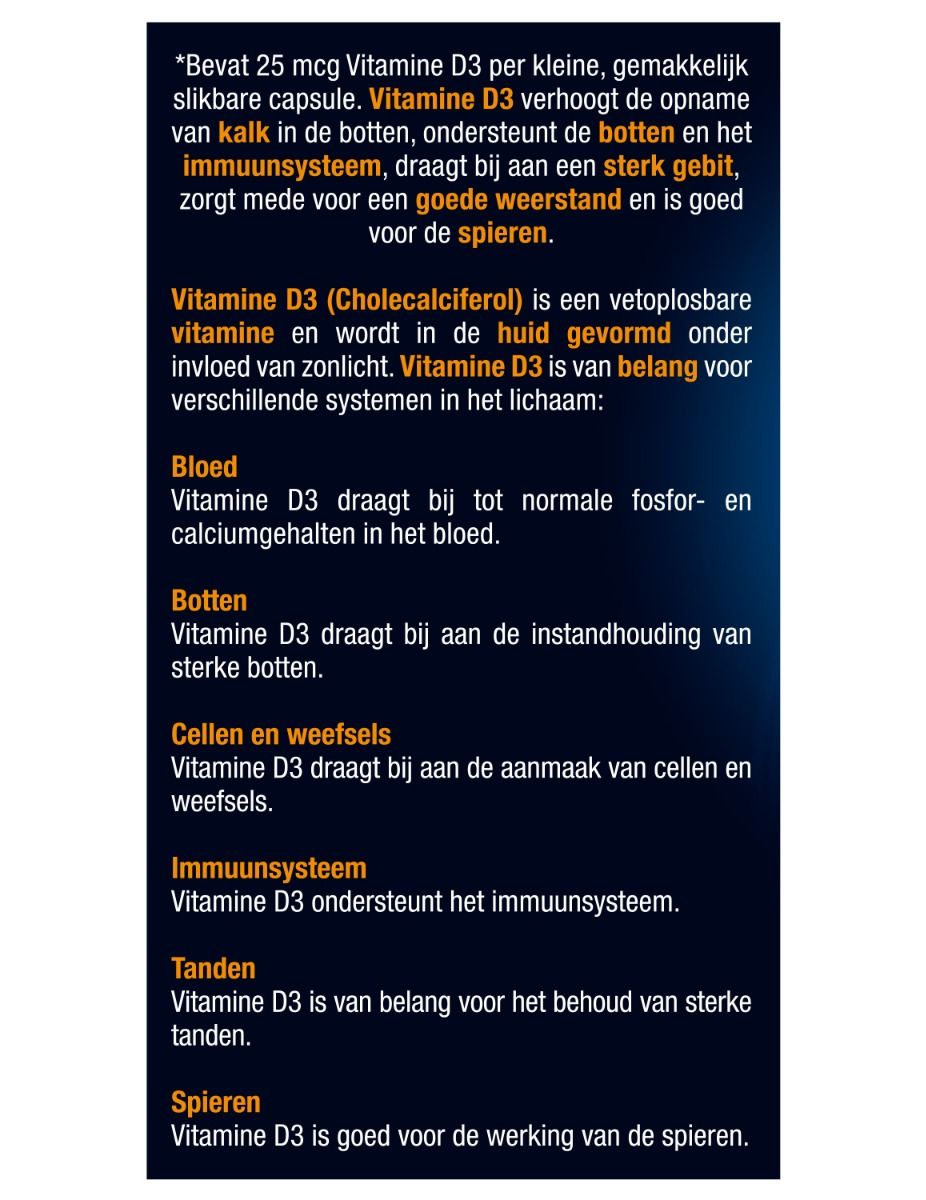 Tekst op de verpakking van Lucovitaal Vitamine D3. Beschrijft de voordelen van vitamine D3.