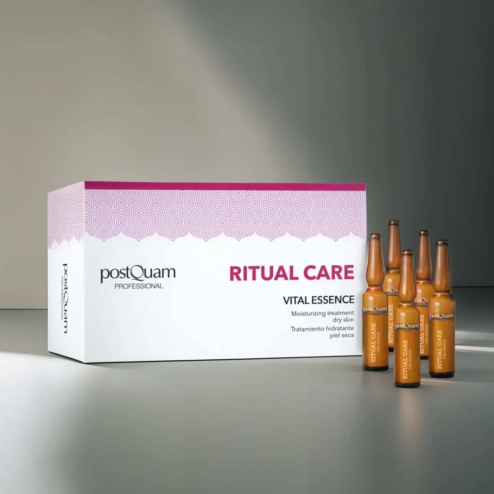 PostQuam Vital Essence. Boîte avec ampoules. Inscription: Ritual Care, Vital Essence, Moisturizing treatment dry skin.