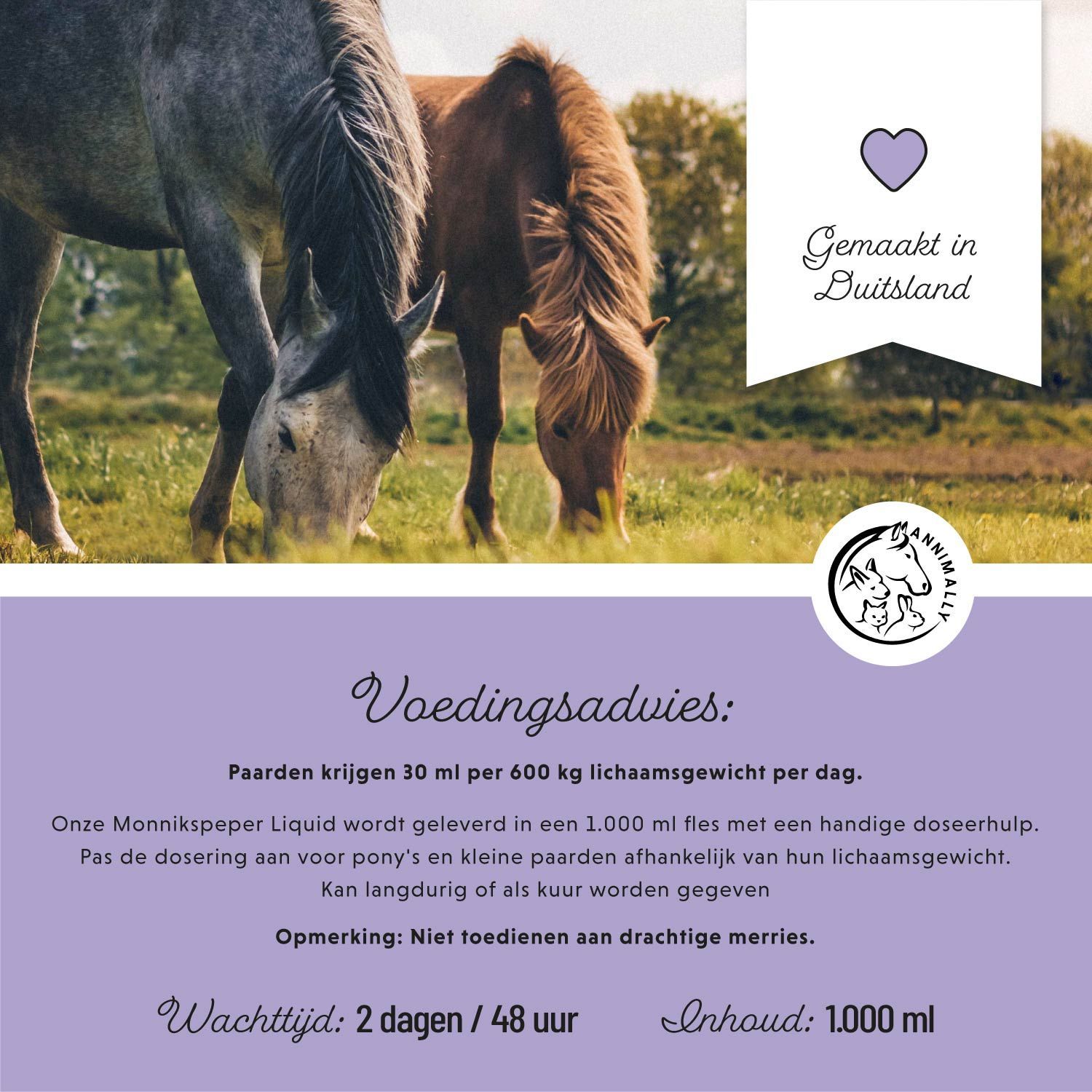 Twee paarden in een weiland. Tekst: Voedingsaanbeveling. Gemaakt in Duitsland. Inhoud: 1.000 ml. Wachttijd: 2 dagen/48 uur.