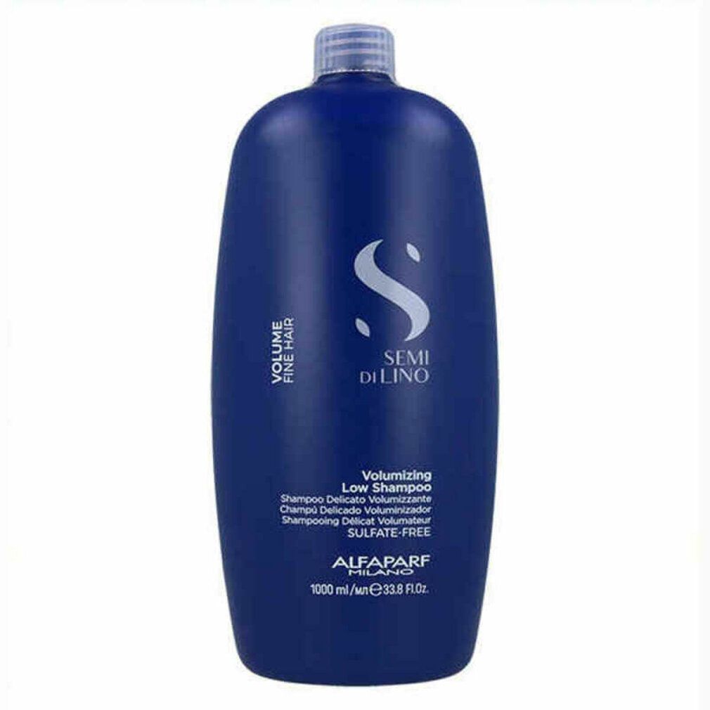 Bouteille bleu foncé avec logo blanc et inscription "Semi di Lino Volume Fine Hair". 1000 ml.