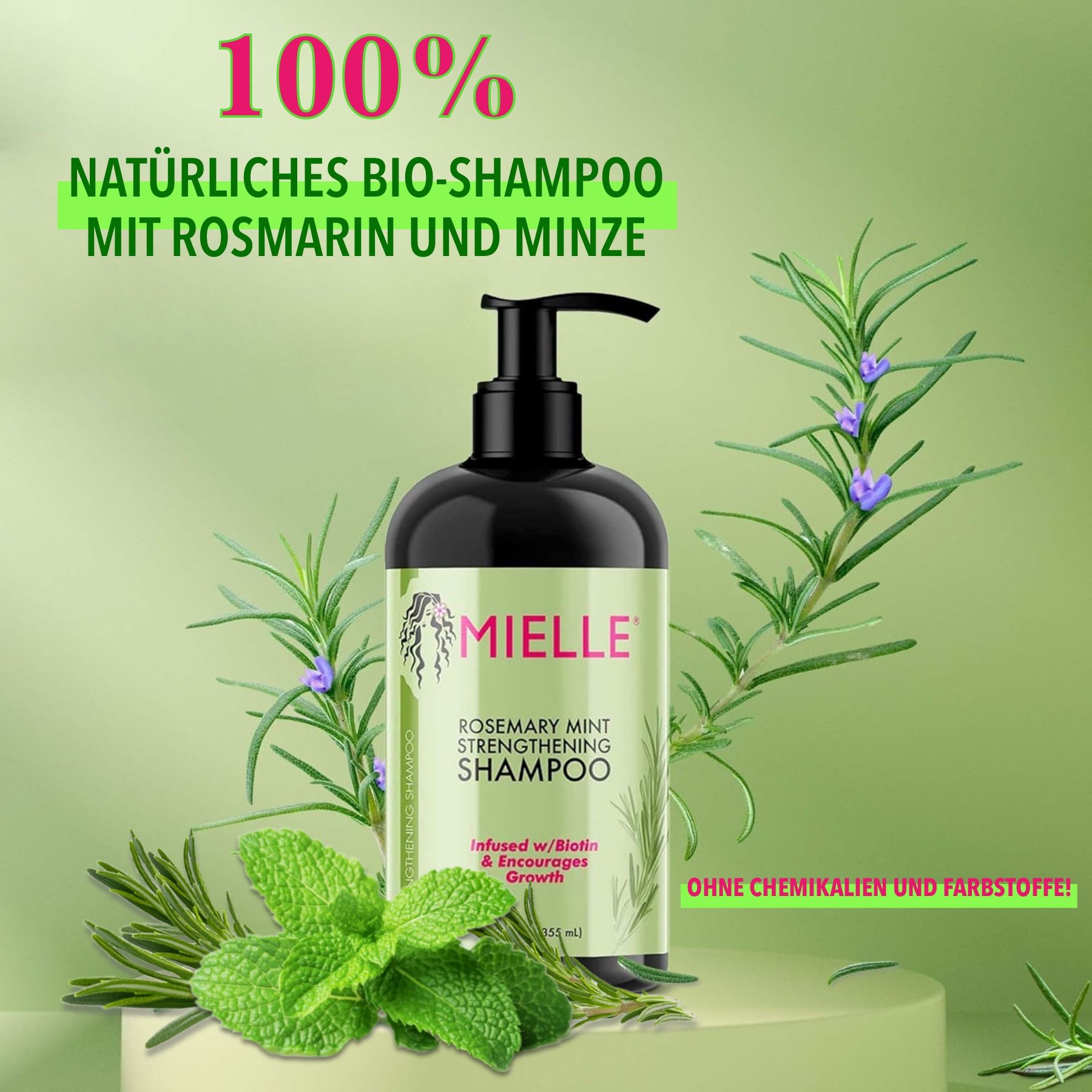 Bouteille verte avec bouchon pompe noir. Texte: Mielle, Rosemary Mint Strengthening Shampoo. 100% shampooing bio naturel au romarin et à la menthe.