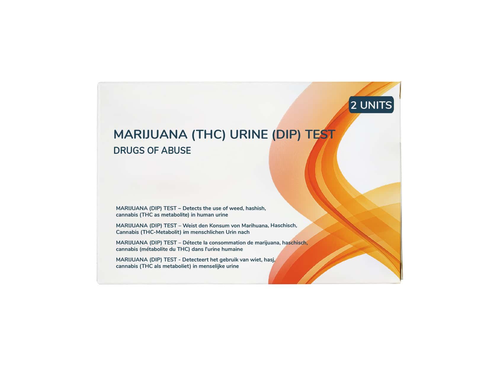 Marihuana (THC) Urinetest, 2 eenheden. Doos met productinformatie.