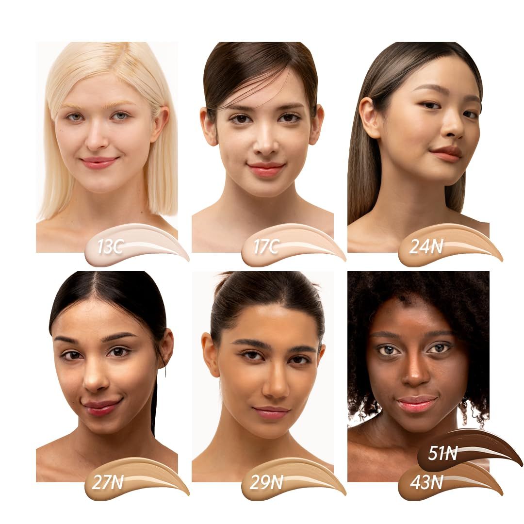 Six femmes avec différents tons de peau. Sous chaque femme, un échantillon de couleur du produit.