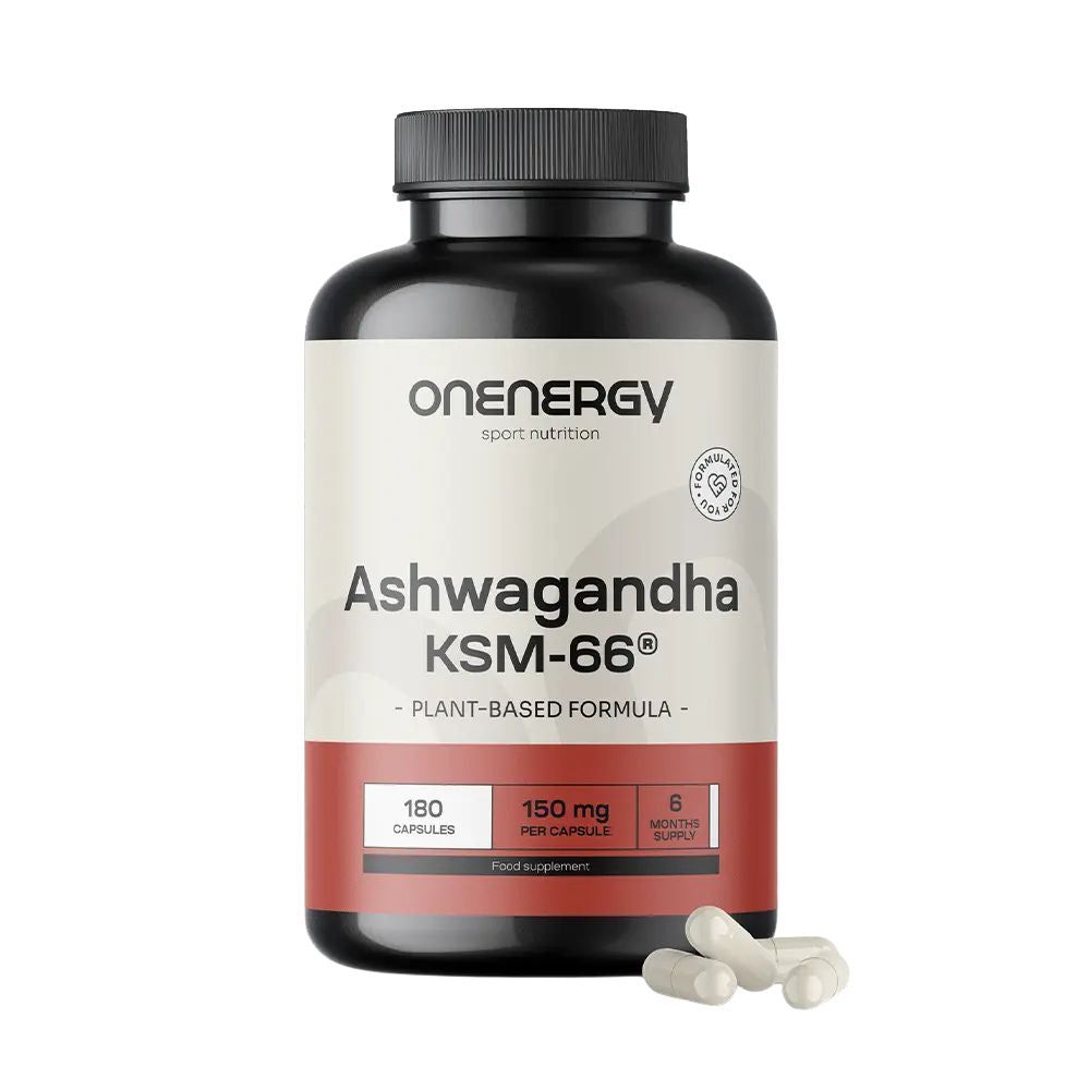 Bruine fles met zwarte dop. Opschrift: OnEnergy, Ashwagandha KSM-66, 180 capsules, 150mg per capsule. Enkele capsules ernaast.