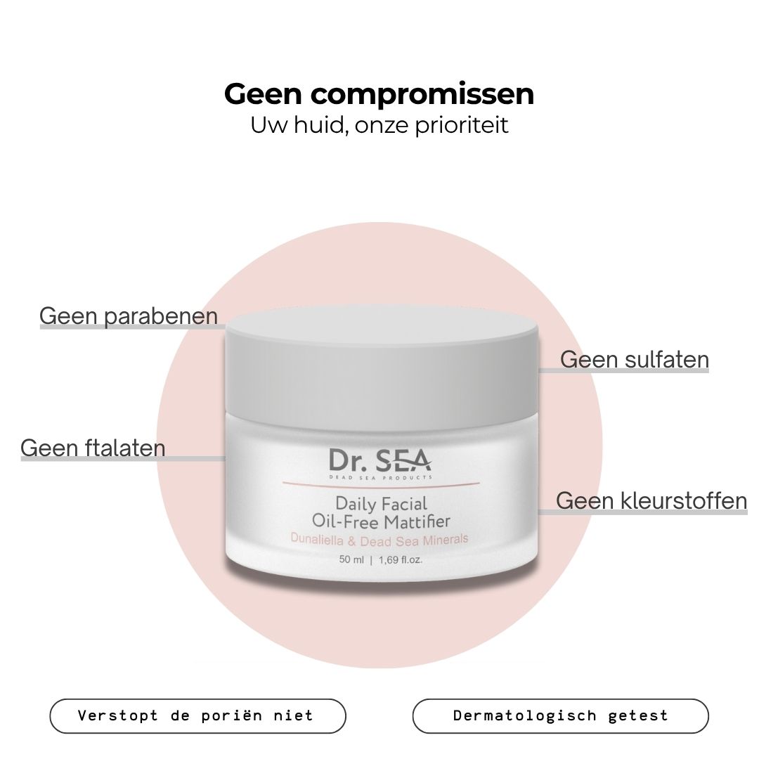 Crèmepot met tekst. Tekst: Geen compromissen Uw huid, onze prioriteit, Geen parabenen, Geen ftalaten, Geen sulfaten, Geen kleurstoffen.
