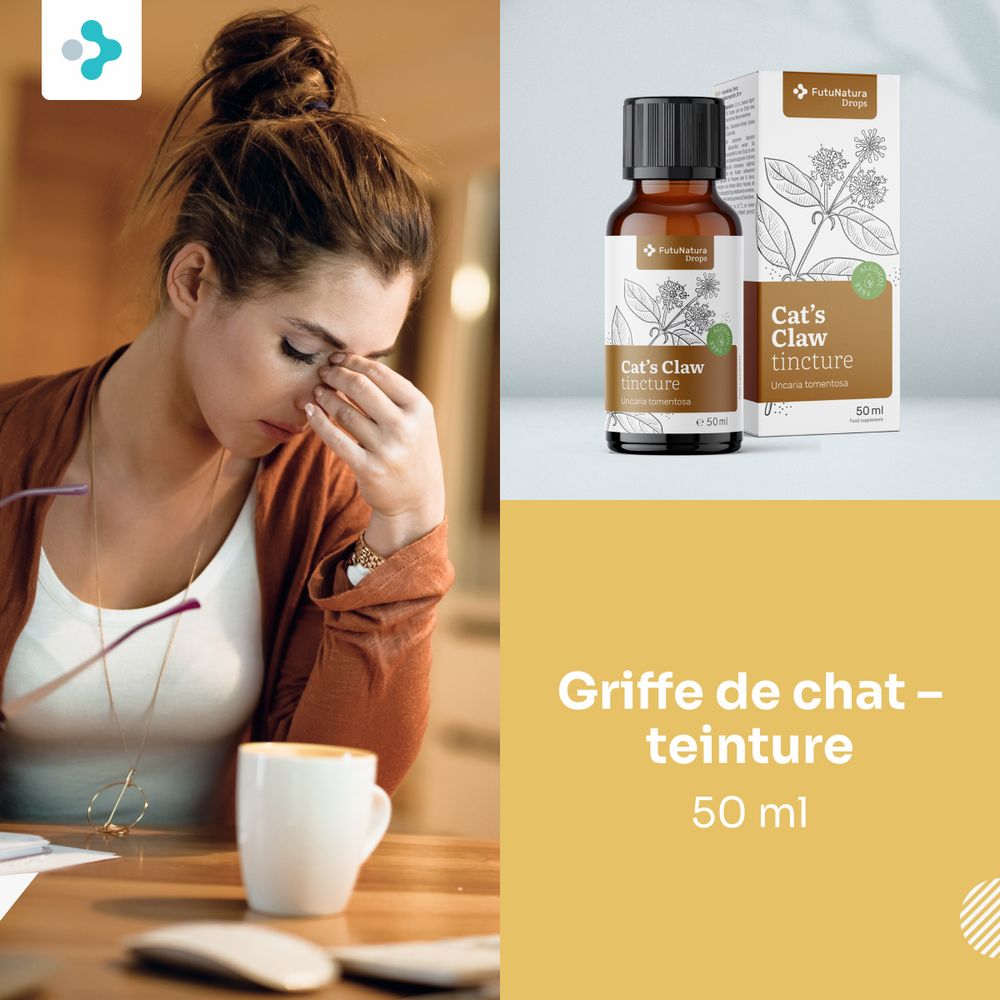 Femme épuisée au bureau, à côté de teinture griffe de chat.