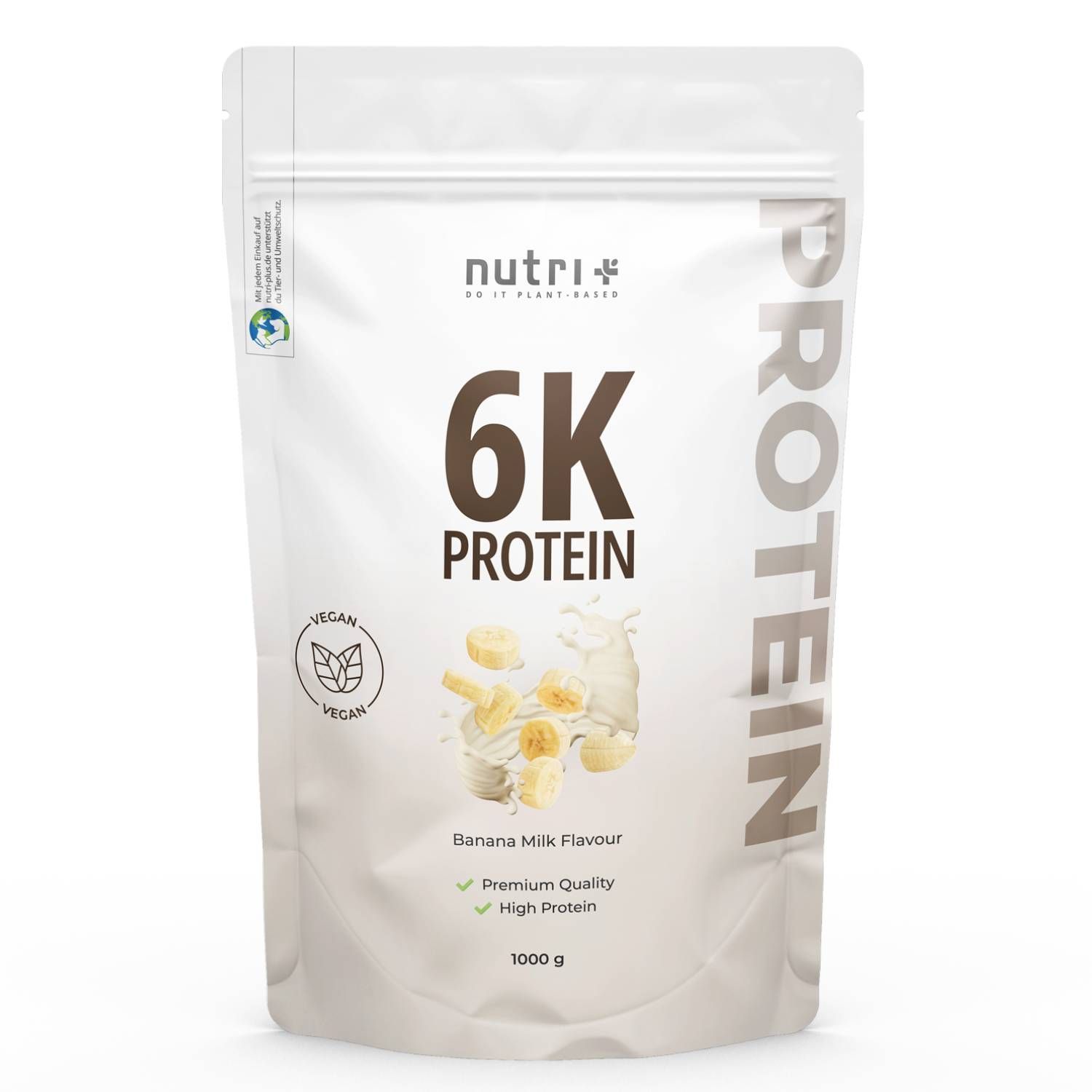 Witte zak met opdruk. Bevat 6K Protein, bananenmelksmaak, vegan, premium kwaliteit, 1000g.
