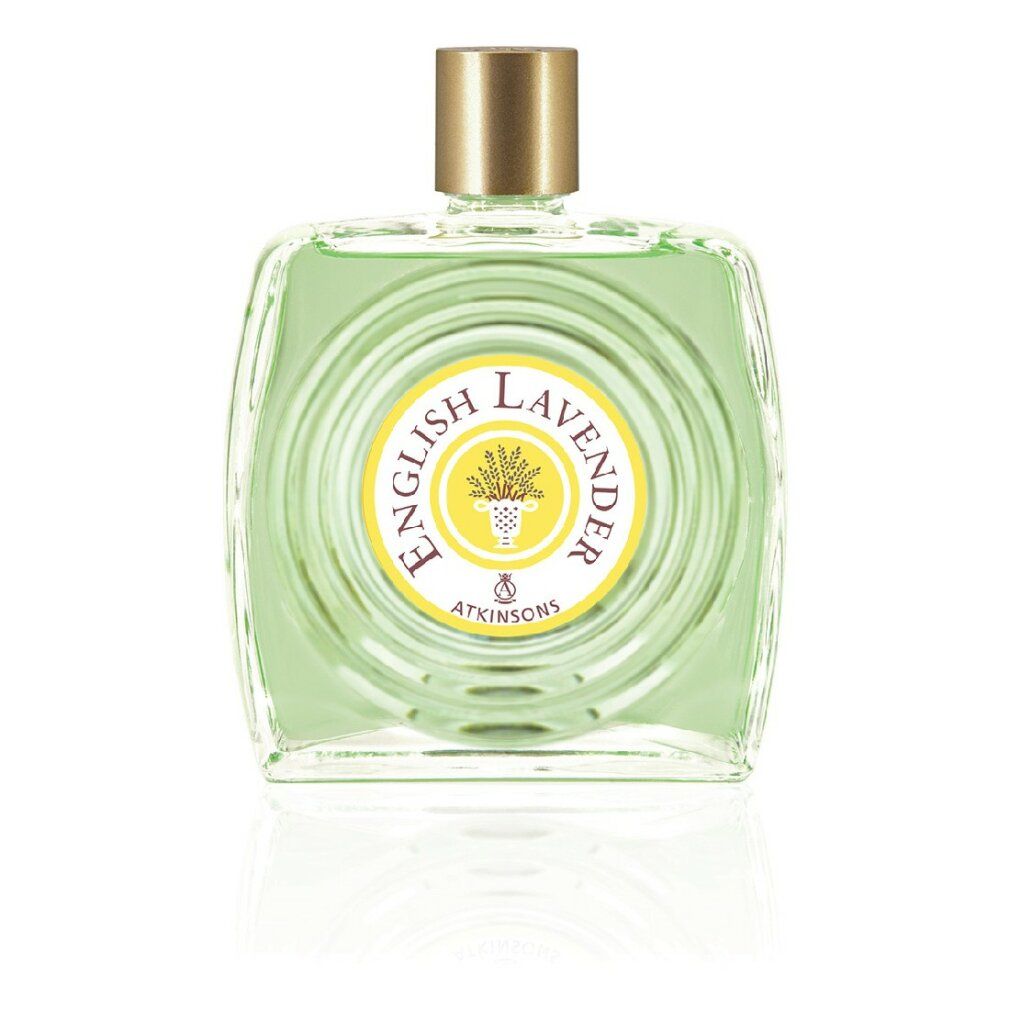 Atkinsons English Lavender Eau de Toilette. Flacon carré, vert clair. Étiquette jaune avec texte et logo. Bouchon doré.