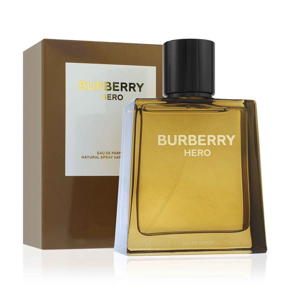 Bruine parfumfles met zwarte dop en verpakking. Opschrift: BURBERRY HERO. Hoekige vorm.