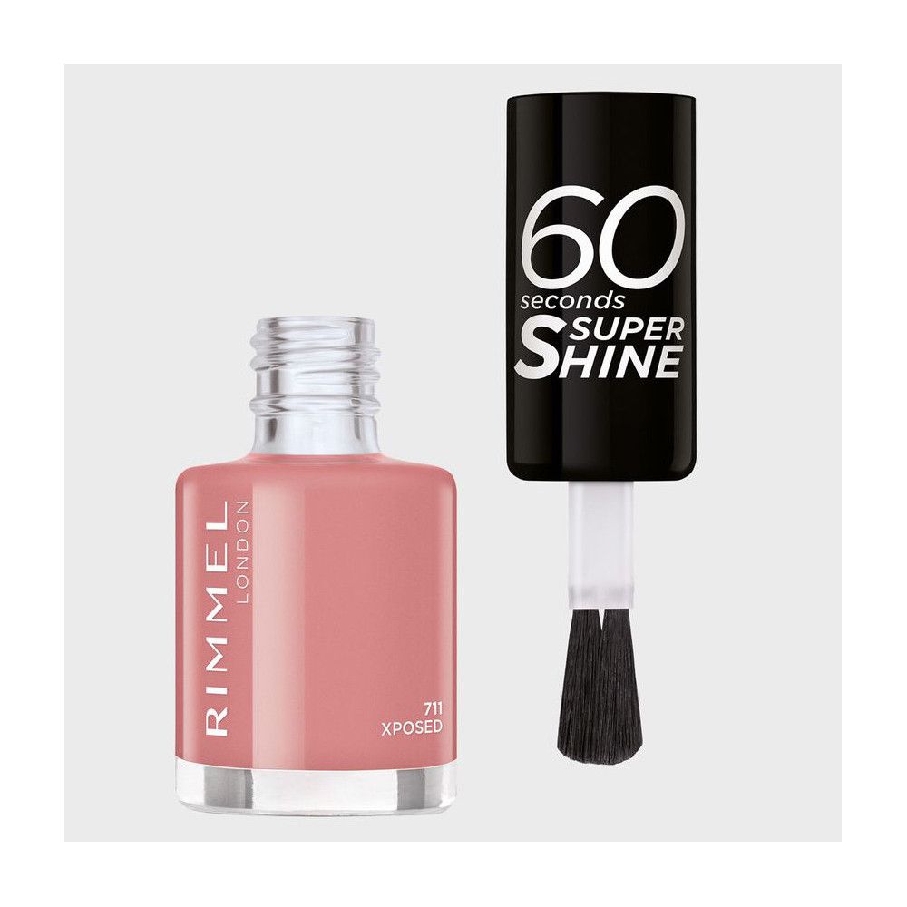 Rimmel nagellak, roze, met borstel en zwarte dop. Opschrift: 60 Seconds Super Shine, Xposed.