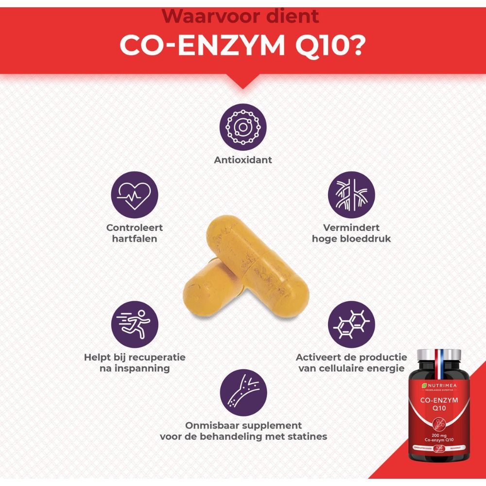 Grafiek met gele capsules en iconen. Toont de voordelen van co-enzym Q10. Bevat een fles met het product.