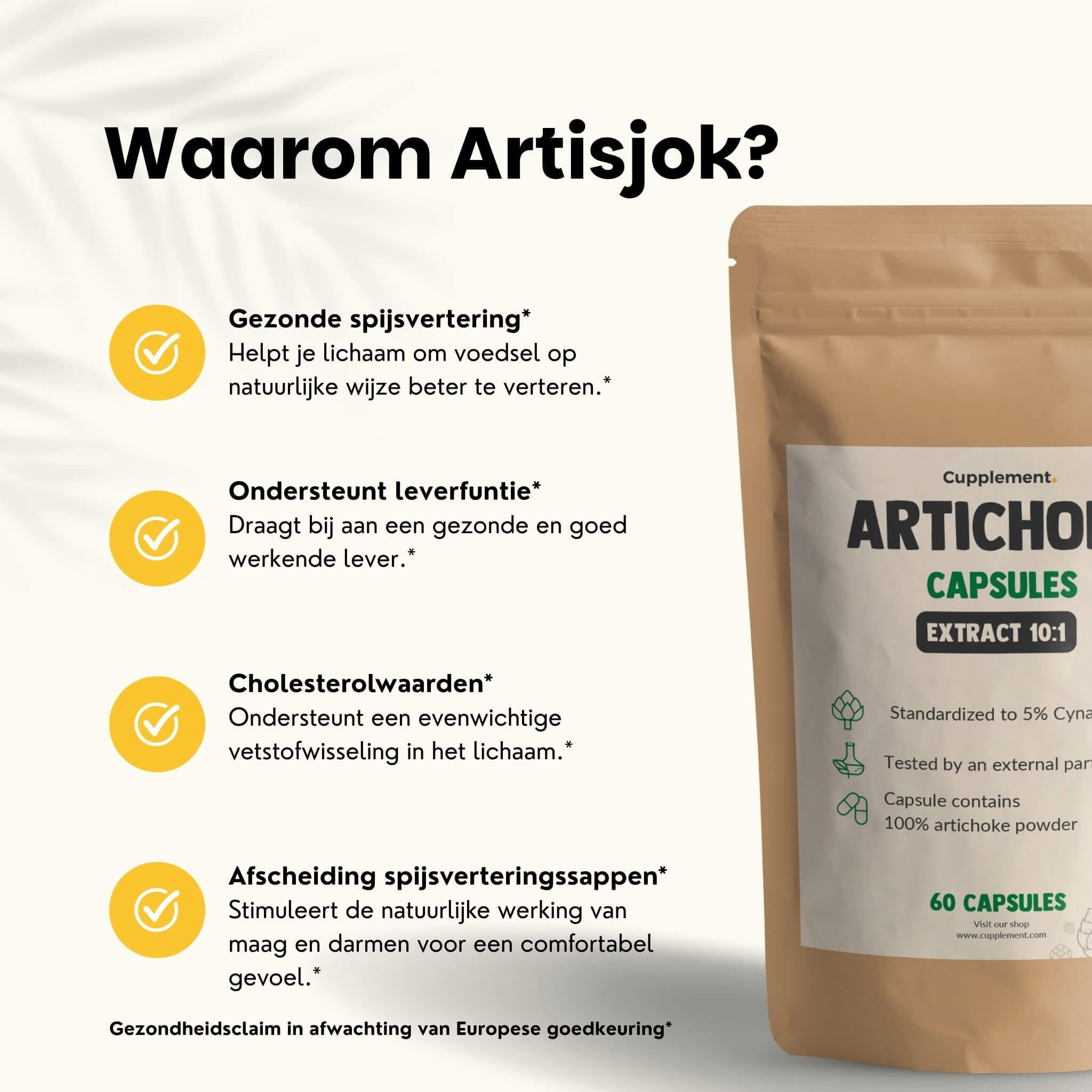 Bruine zak met artisjokcapsules. Tekst: Artisjok capsules, extract 10:1, 60 capsules. Voordelen: spijsvertering, lever, cholesterol.