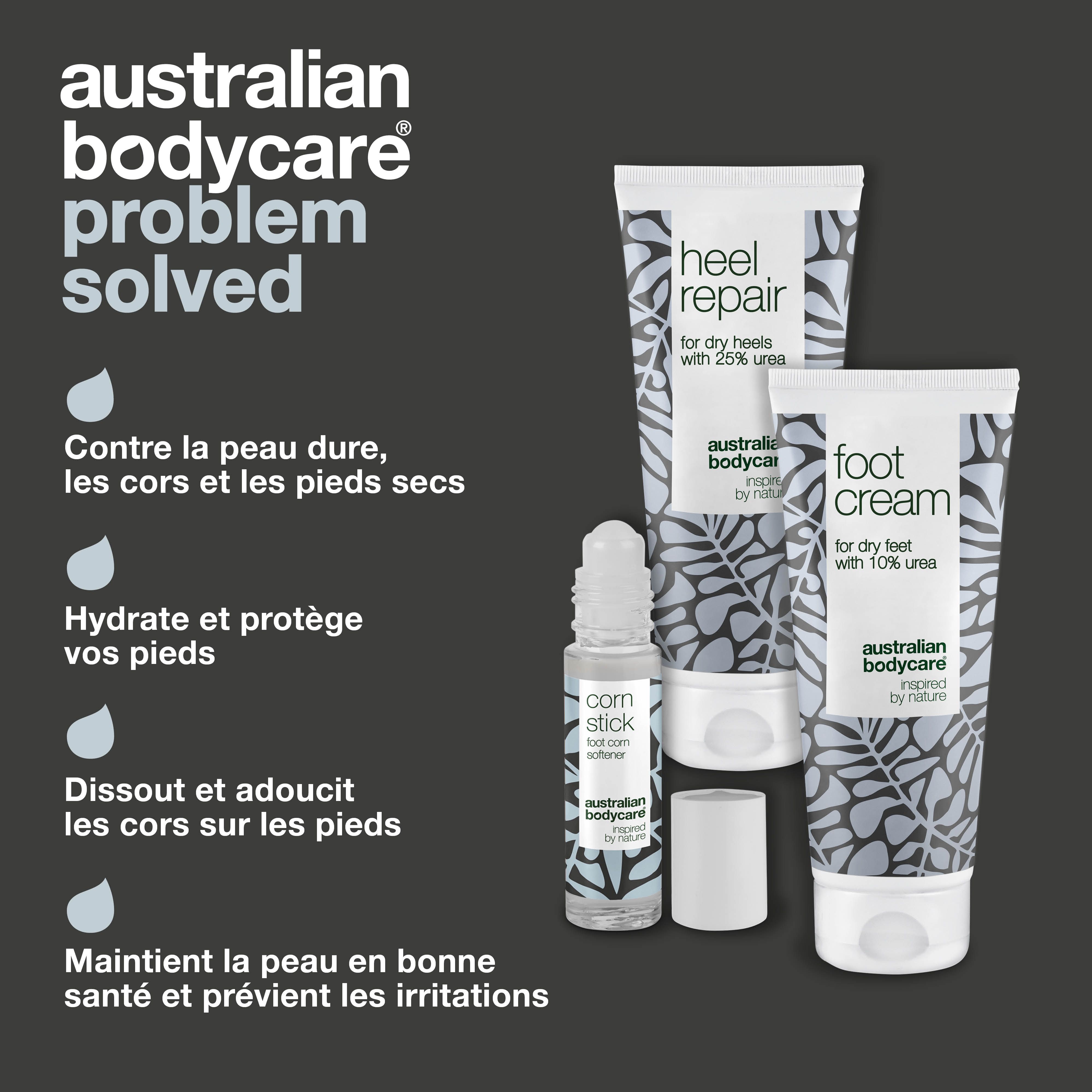 Ensemble de produits : Crème pour les pieds, Heel Repair, Corn Stick. Texte : Australian Bodycare. Fond noir.