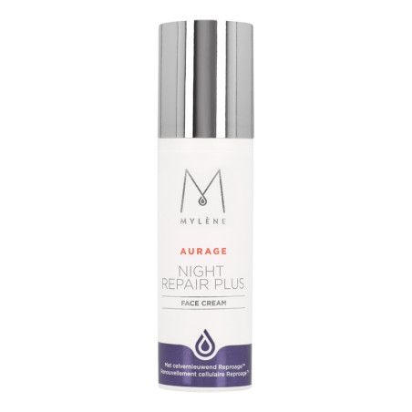 Crème de nuit MYLÈNE Aurage Night Repair Plus dans un flacon blanc avec tête de pompe argentée.