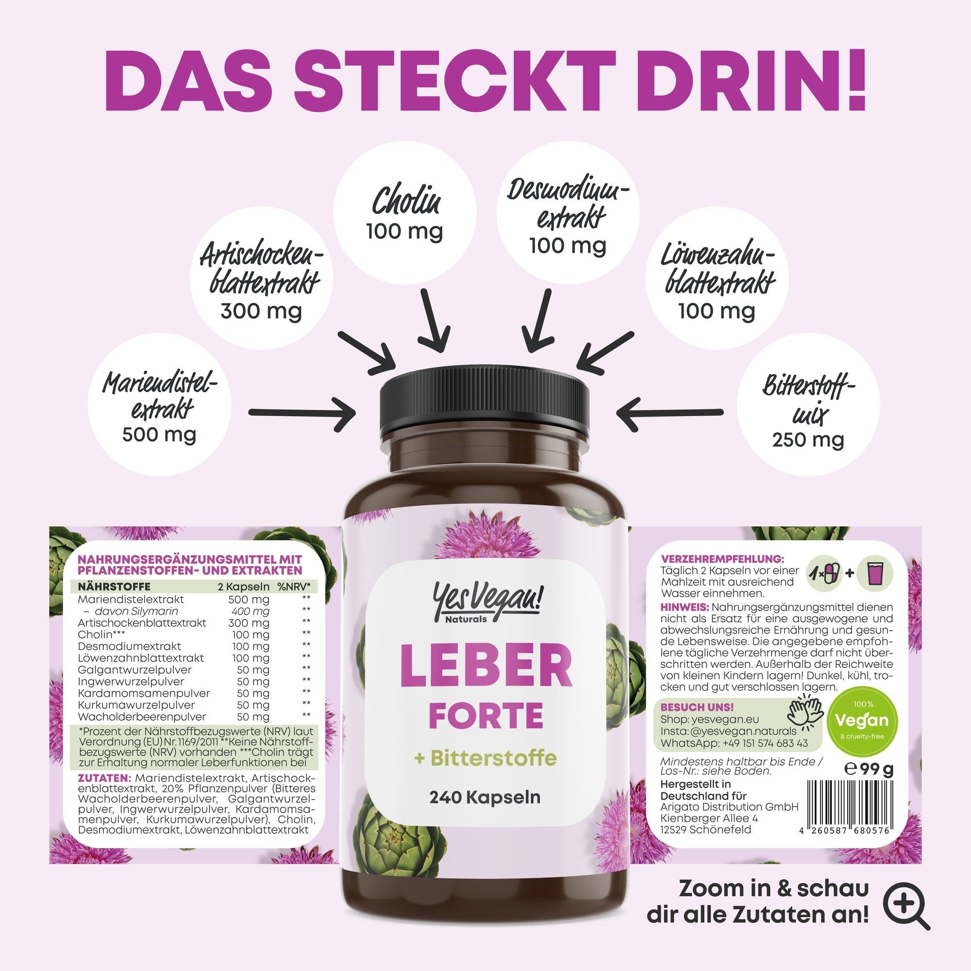 Fles Leber Forte capsules met gedetailleerde ingrediëntenlijst.