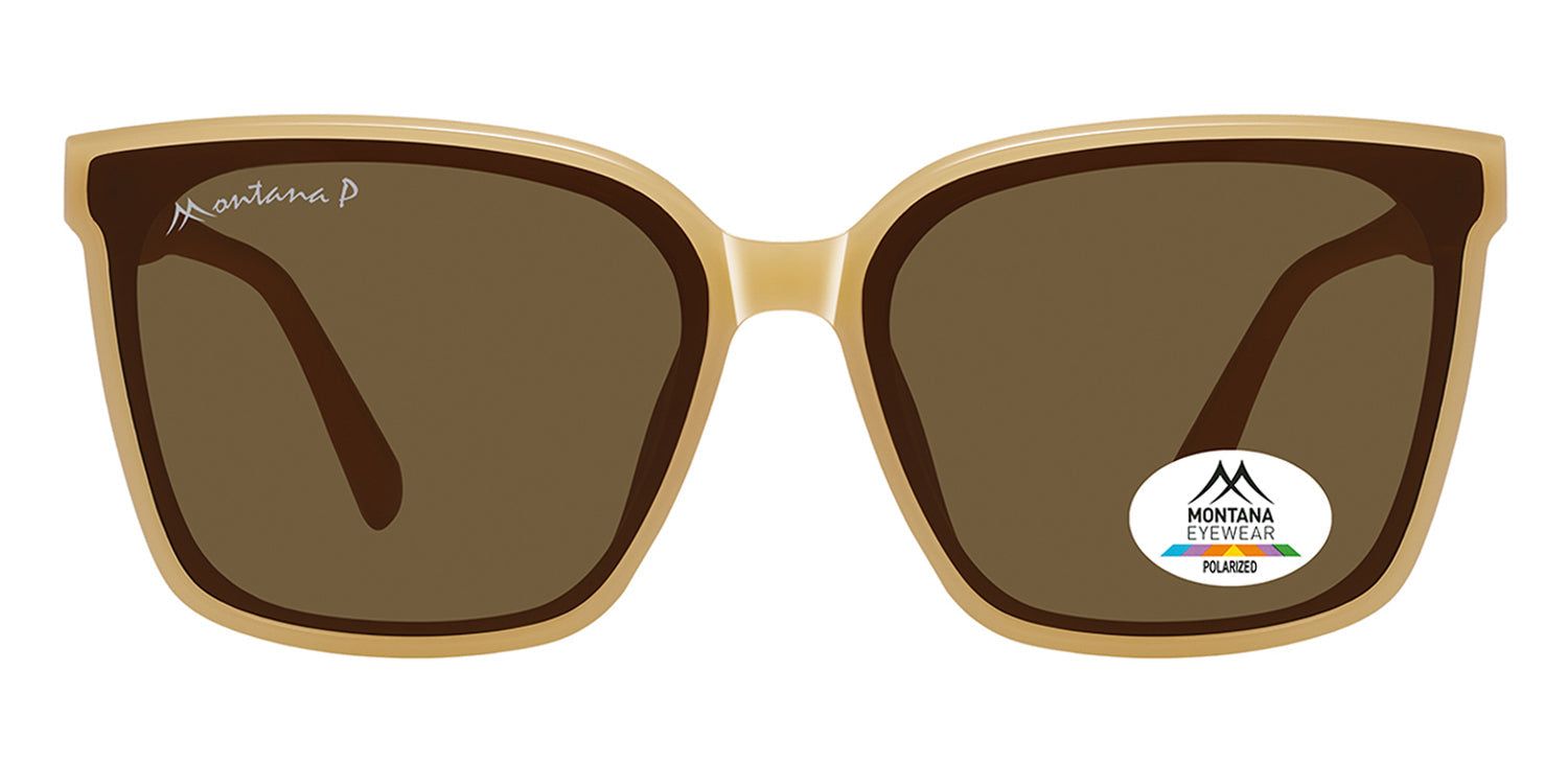 Lunettes de soleil marron et beige. Logo Montana Eyewear et autocollant de polarisation.