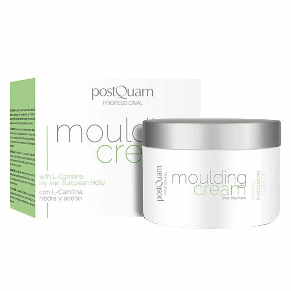Crèmepot en verpakking. Opschrift: Moulding Cream, Postquam Professional. Bevat L-Carnitine, klimop en hulst.