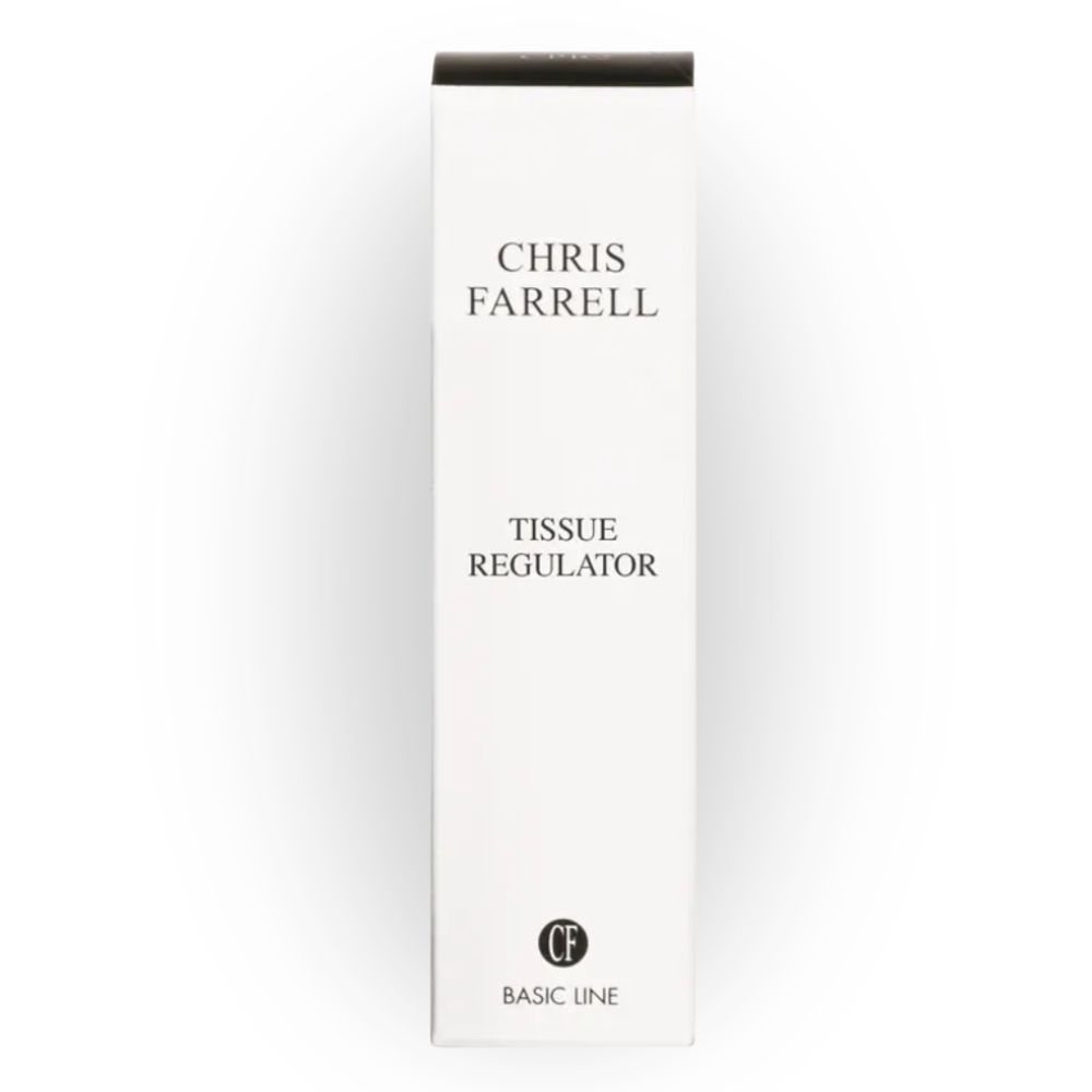 Witte verpakking met zwarte deksel. Opschrift: CHRIS FARRELL, TISSUE REGULATOR, CF logo, BASIC LINE.