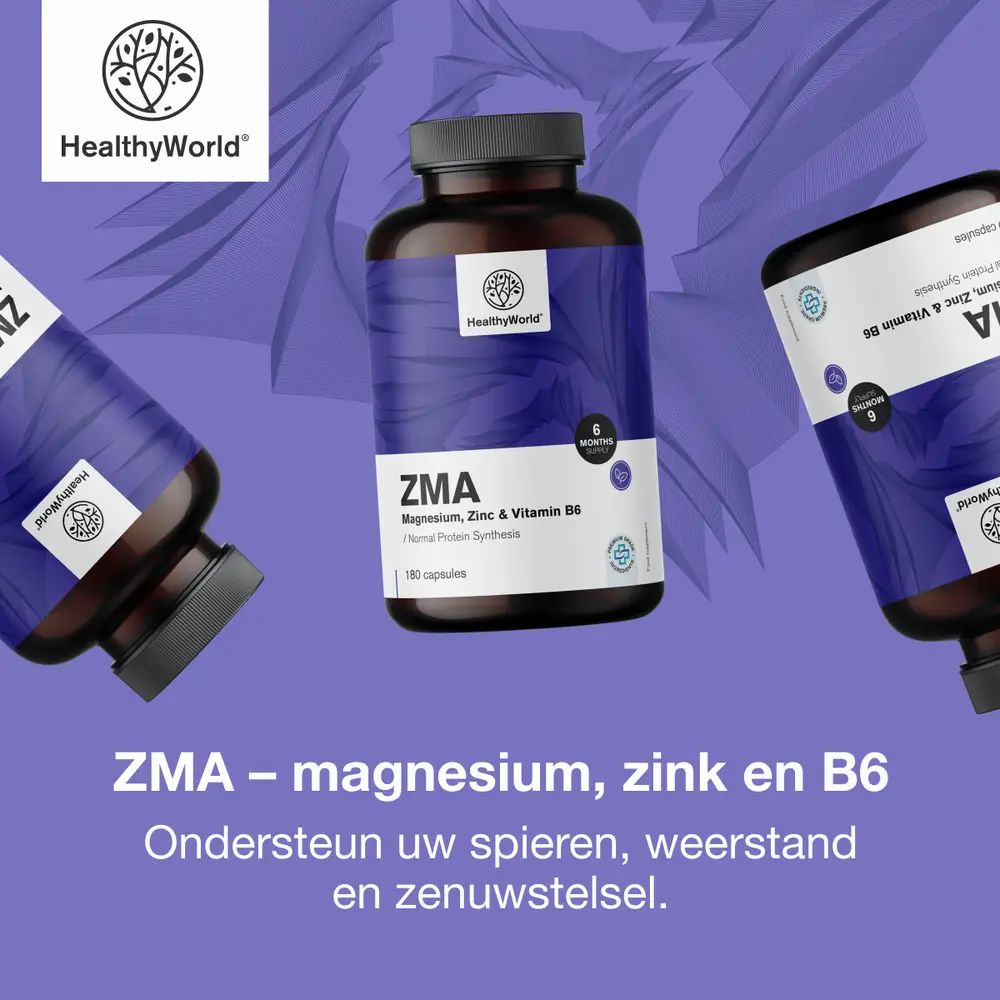 HealthyWorld ZMA capsuleflessen vanuit verschillende hoeken, logo en tekst.