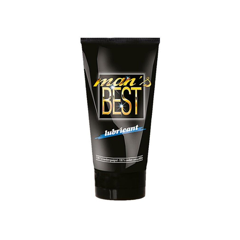 Tube noire avec logo doré "man's BEST" et texte bleu "lubricant". Texte: 100% compatible avec les préservatifs.