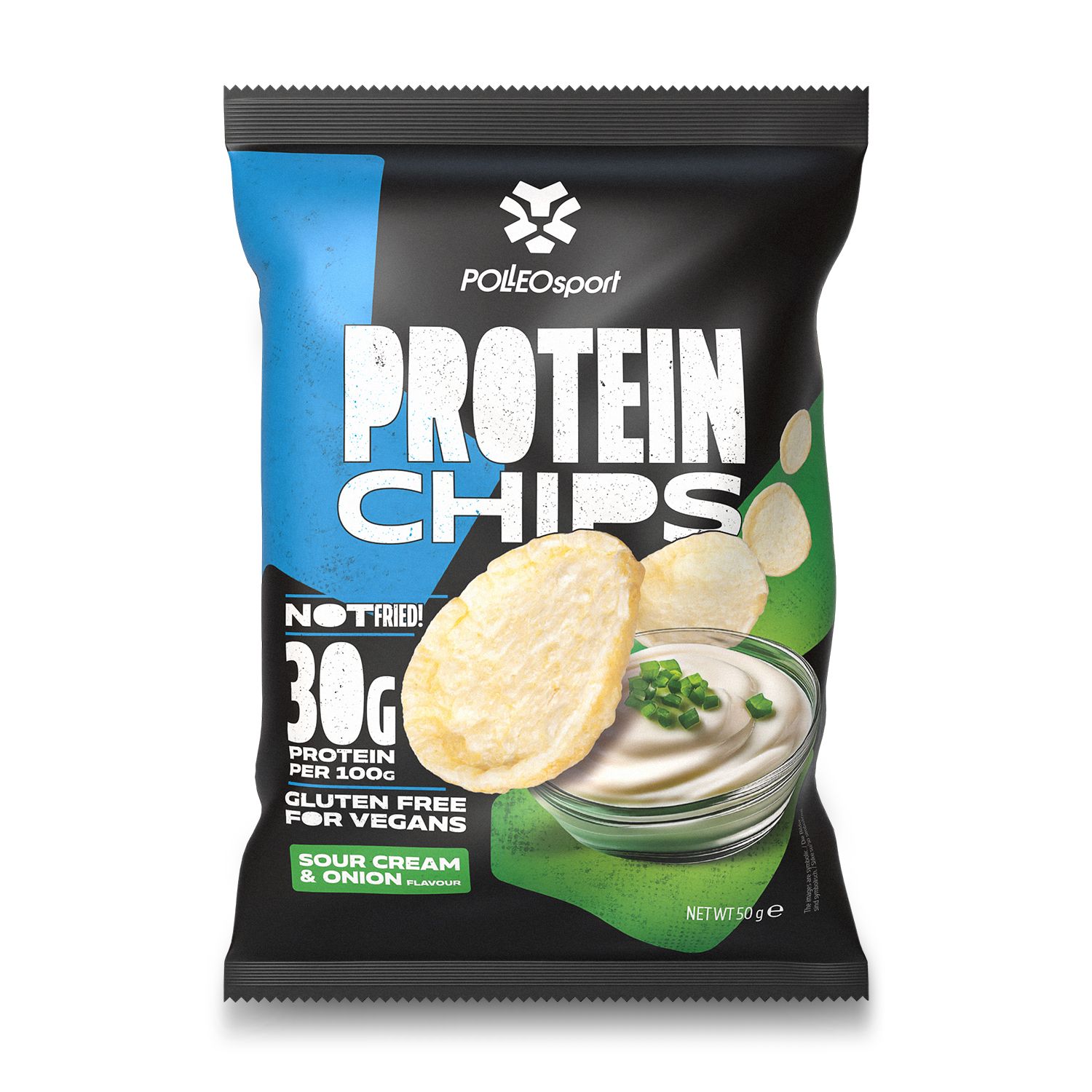 Protein Chips zakje, zwart en blauw. Productlogo en tekst. Afbeelding van chips en dip. Tekst: 30g eiwit.