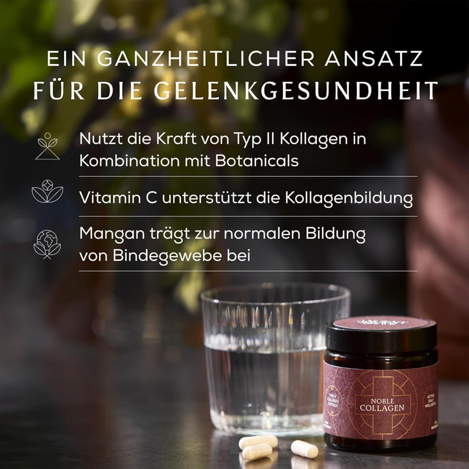 Flacon de Noble Collagen Kapseln à côté d'un verre d'eau et de trois gélules. Texte sur la santé articulaire.