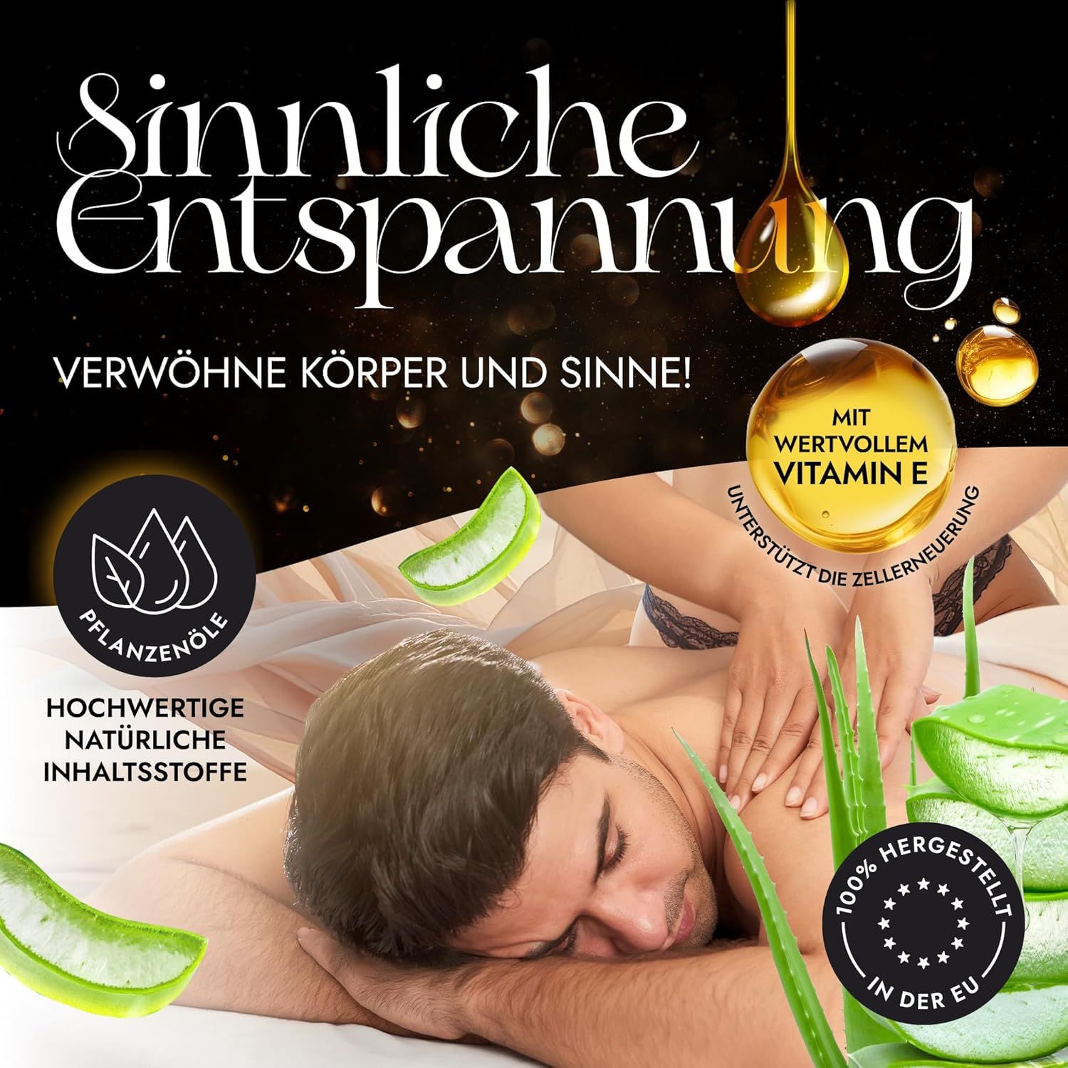 Un homme reçoit un massage du dos avec l'huile de massage LOOVARA, aloe vera et huiles végétales.
