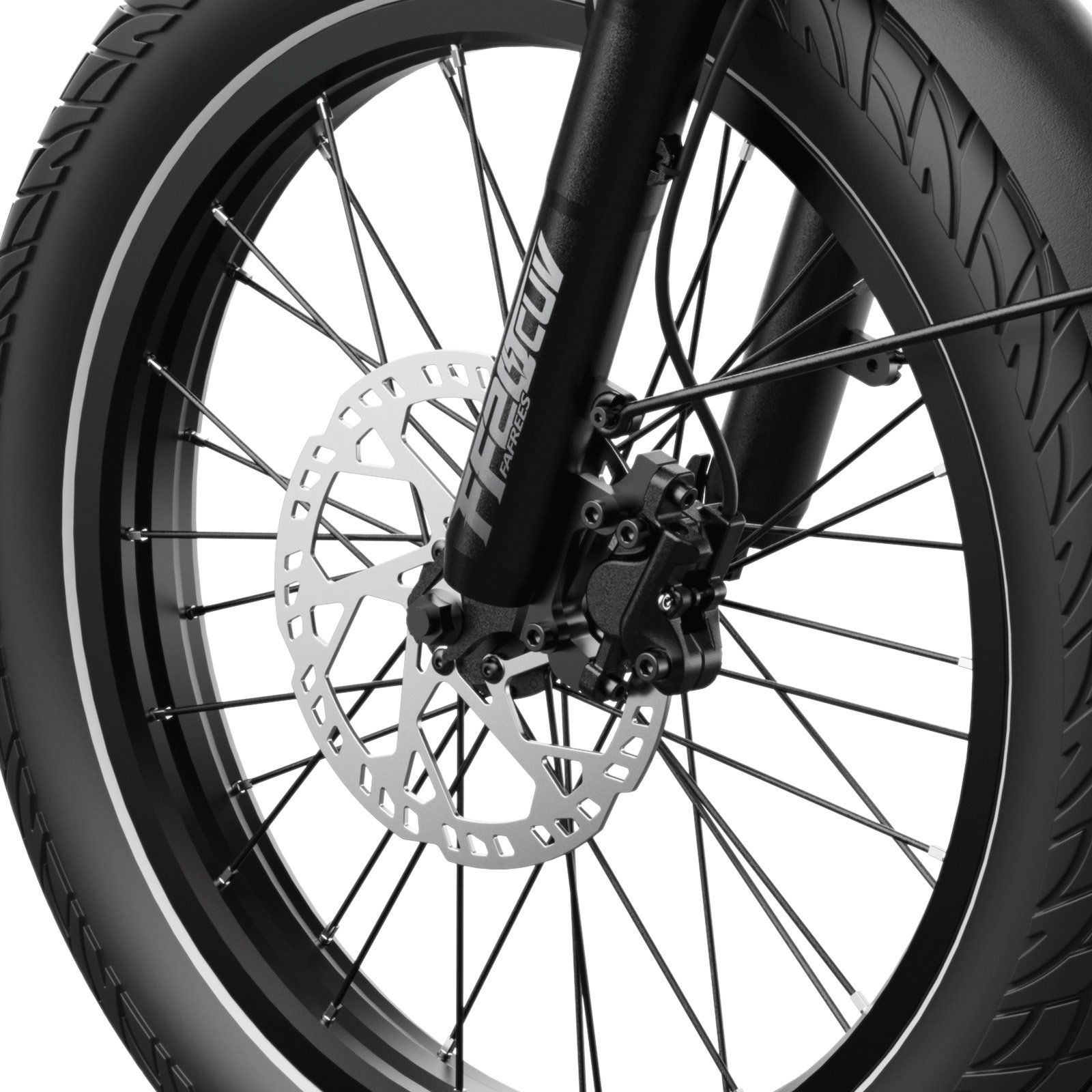 Roue avant d'un vélo cargo électrique gris avec frein à disque et fourche à suspension.
