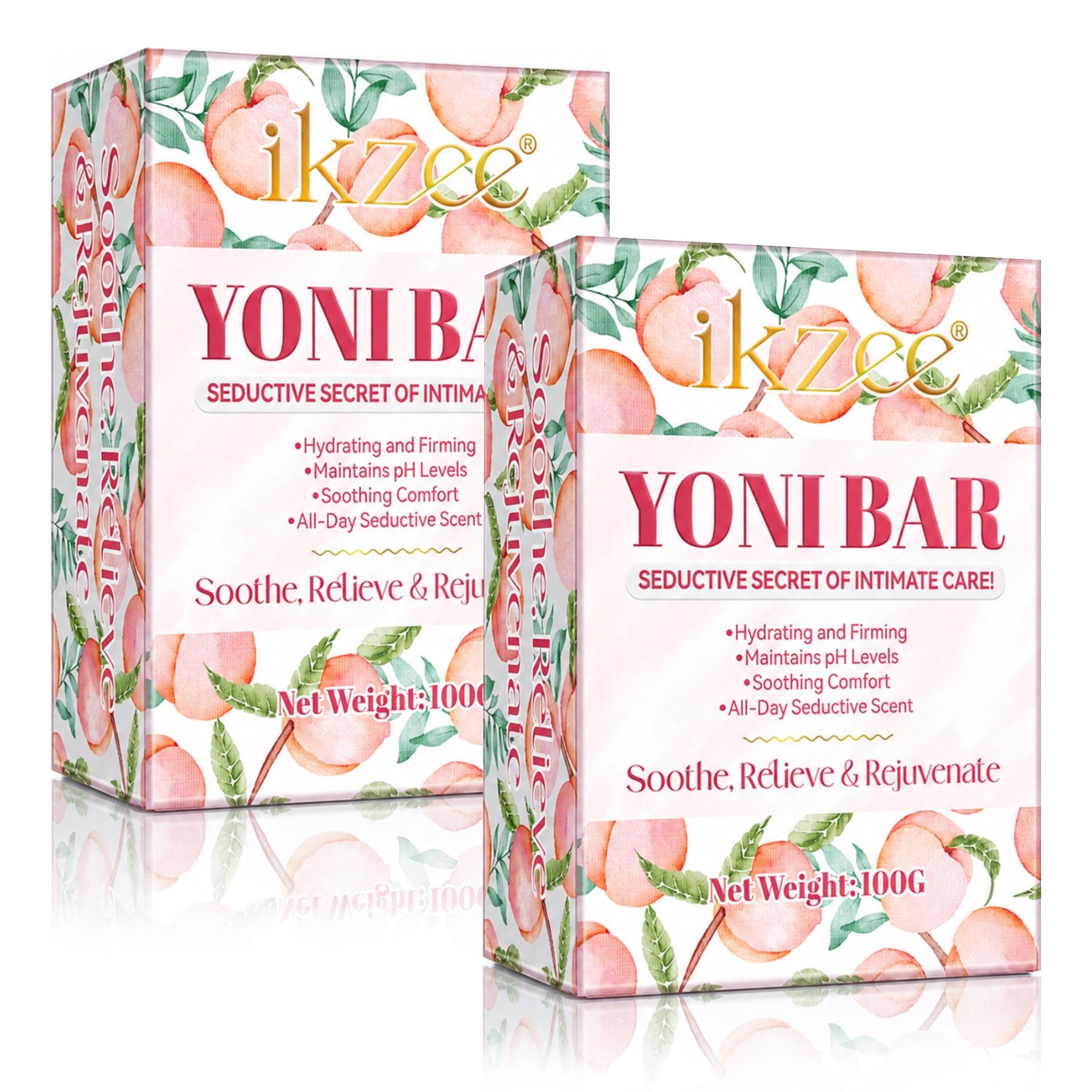 Deux paquets de savon Yoni Bar, 100g. Motif pêche. Hydratant, raffermissant, équilibrant le pH, apaisant, parfumé.