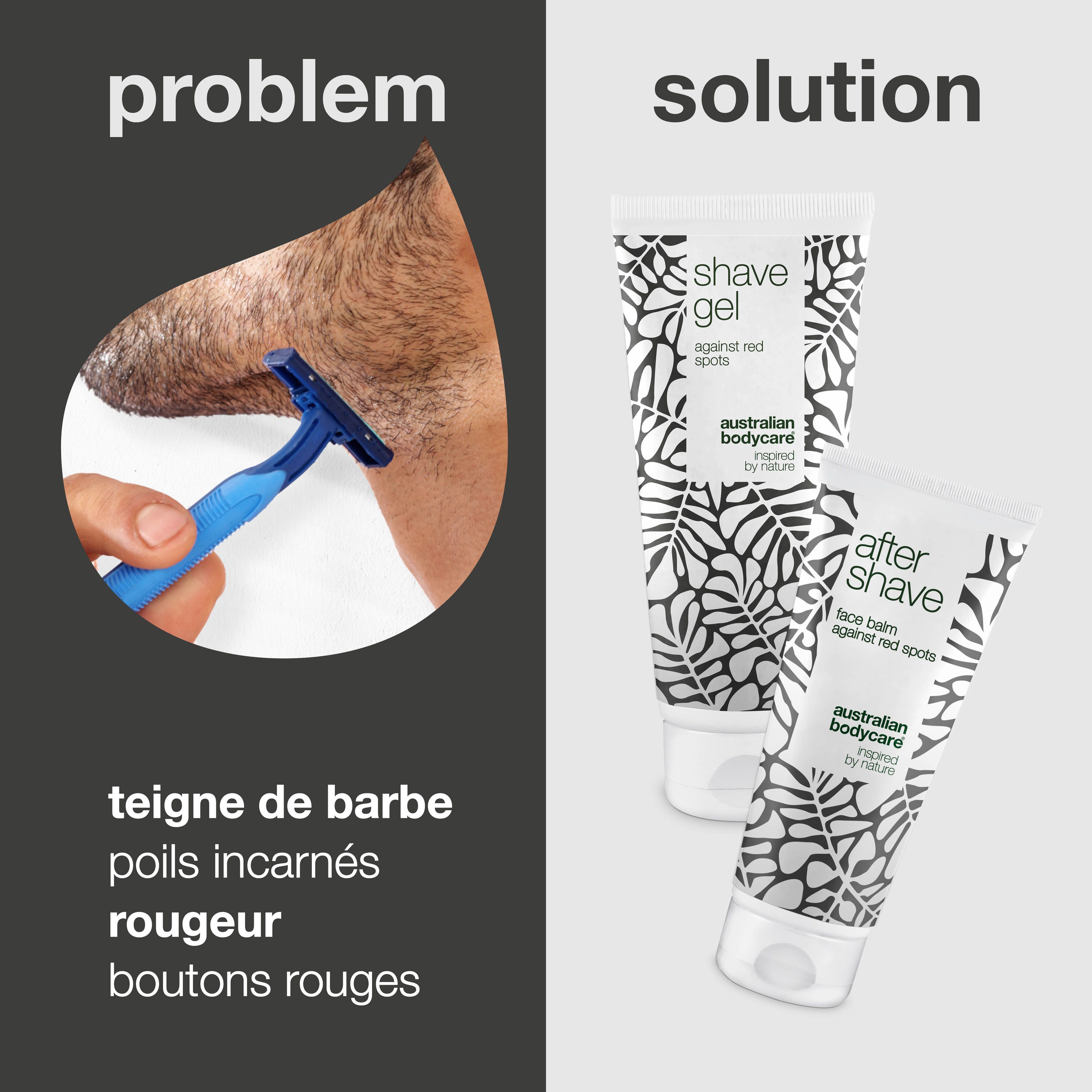 Problème: irritation, poils incarnés, rougeurs. Solution: gel à raser et après-rasage Australian Bodycare.