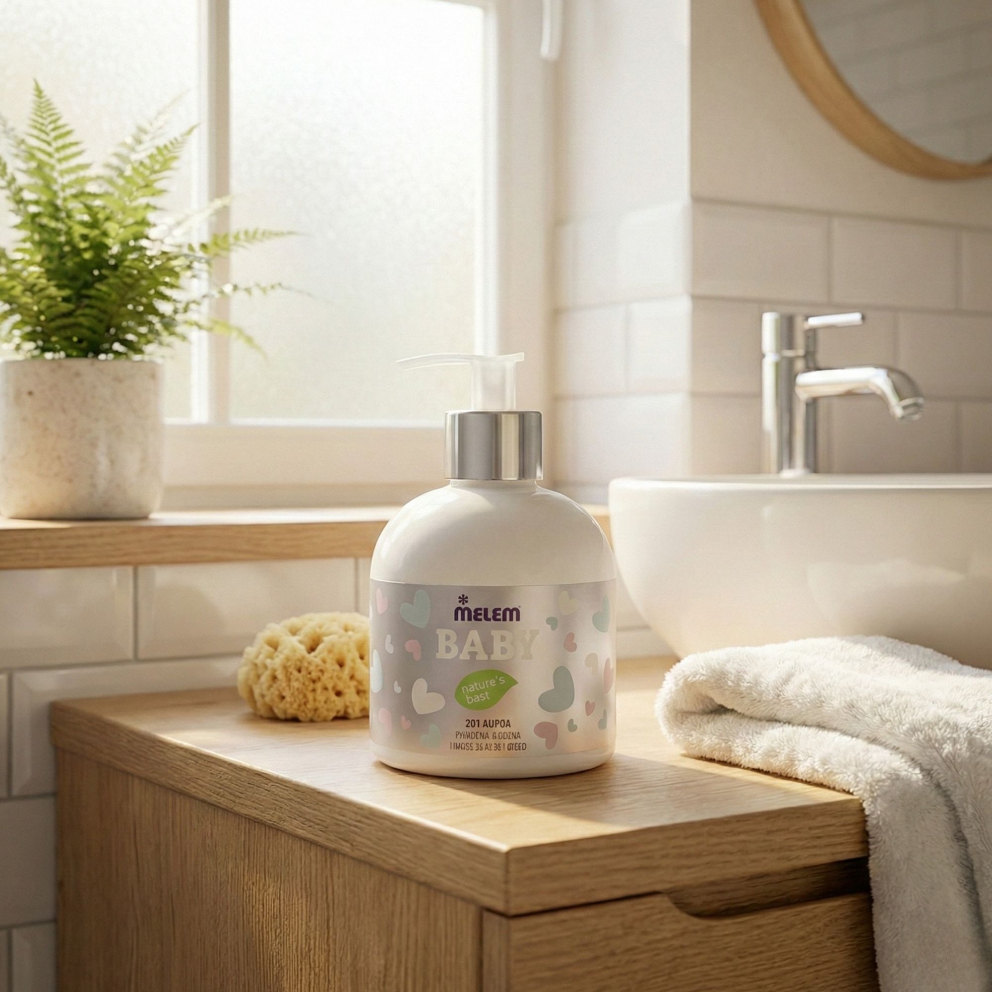 Witte fles met pomp, etiket met BABY. Staat op een houten kast naast een wastafel en handdoek.