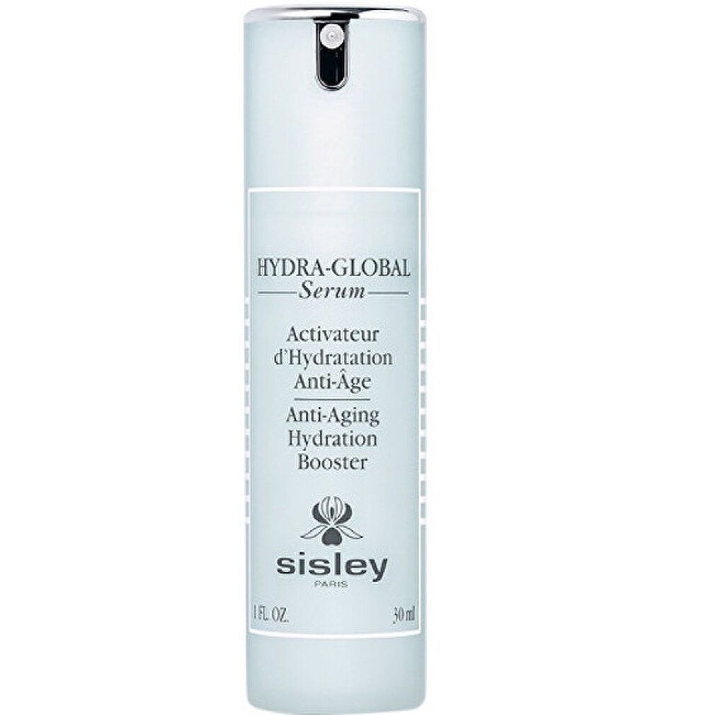 Sisley Sérum Hydra Global Anti-Âge. Lichtblauwe fles met zilveren dop. Tekst: Hydra-Global Serum, Activateur d'Hydratation Anti-Âge, Anti-Aging Hydration Booster. 1 FL. OZ. 30 ml.