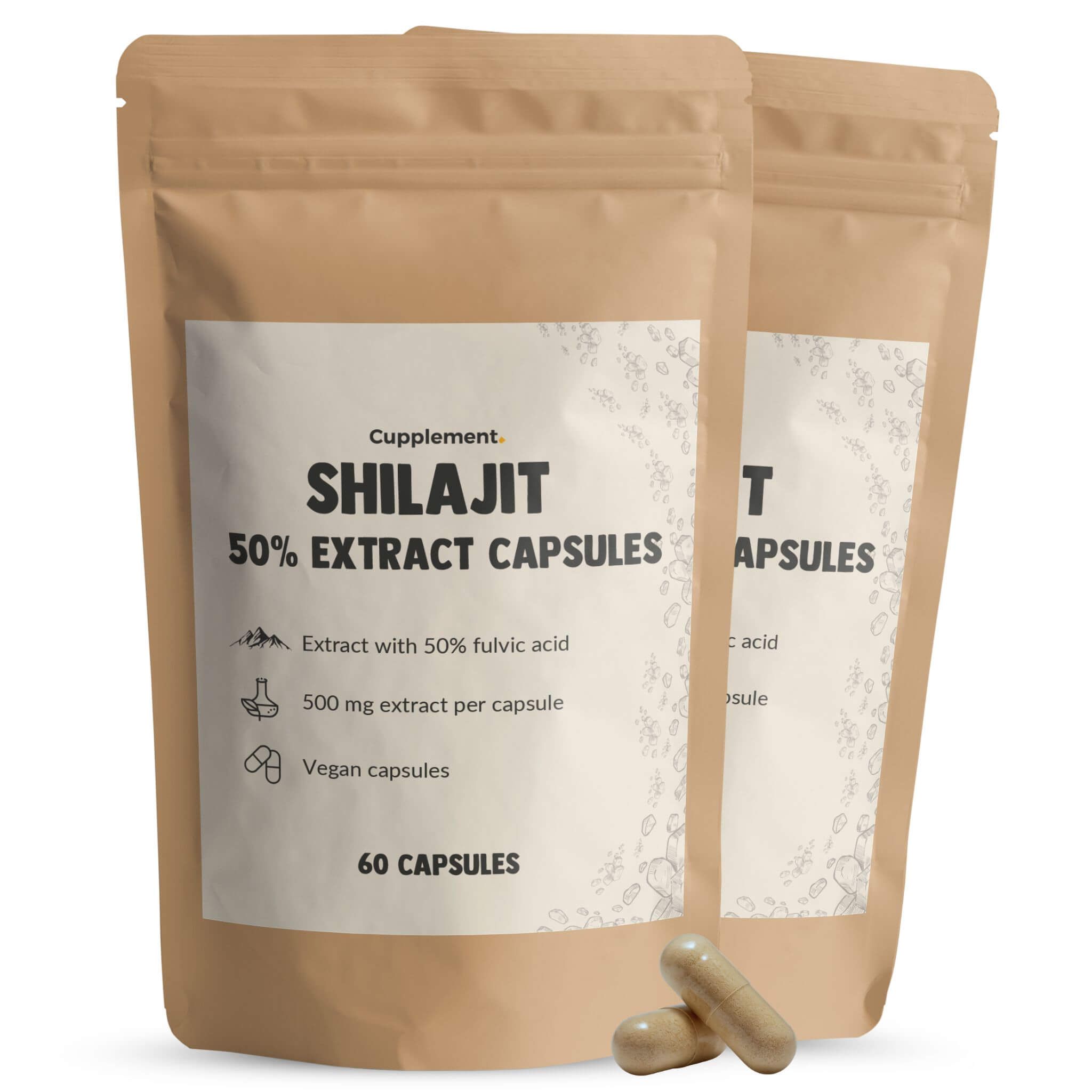 Deux sachets de gélules. Inscription : Shilajit 50% Extrait Capsules. 60 gélules. Gélules brunes à côté.
