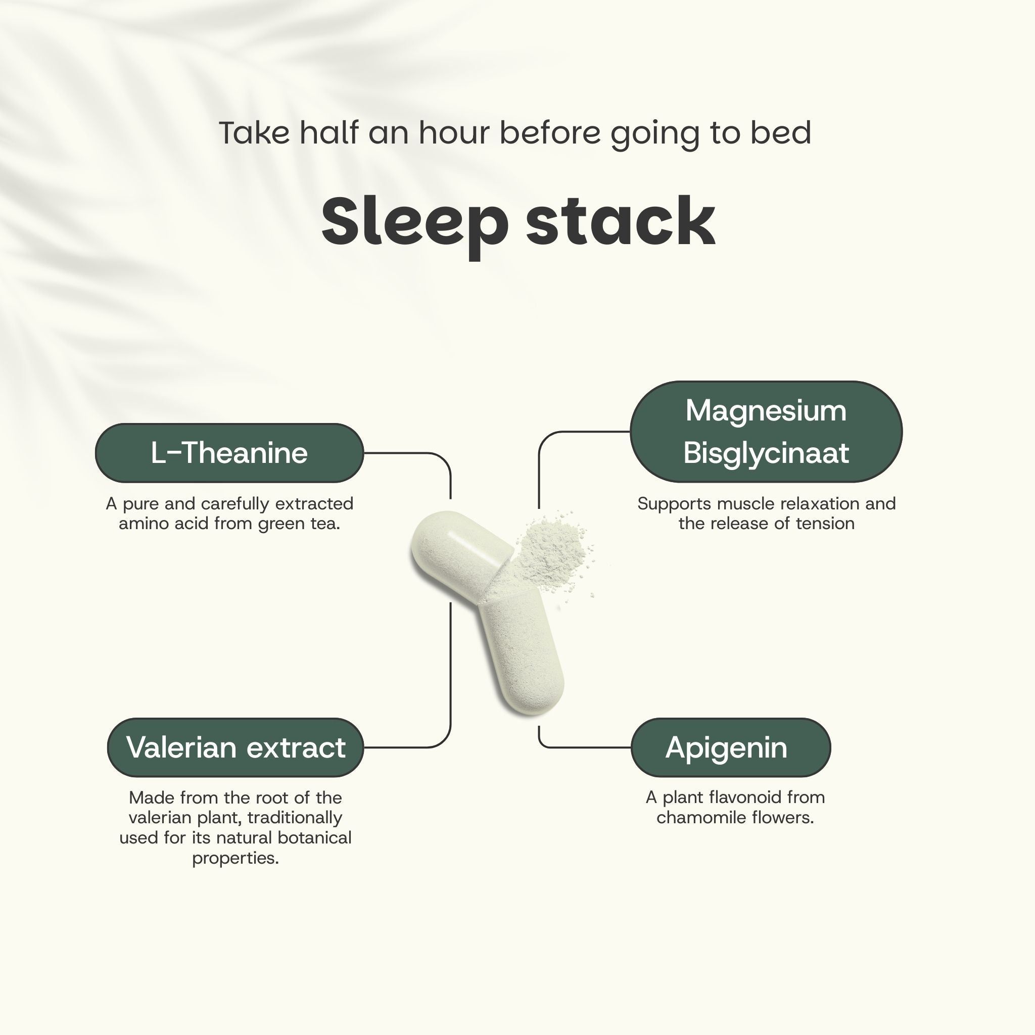Texte : 'Sleep stack'. Capsule avec ingrédients : L-Théanine, Magnésium, Valériane, Apigénine. Capsule blanche et poudre.