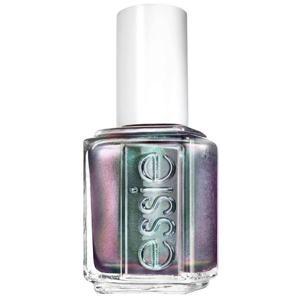 Essie nagellakflesje. Kleurverloop van groen naar paars. Witte dop.