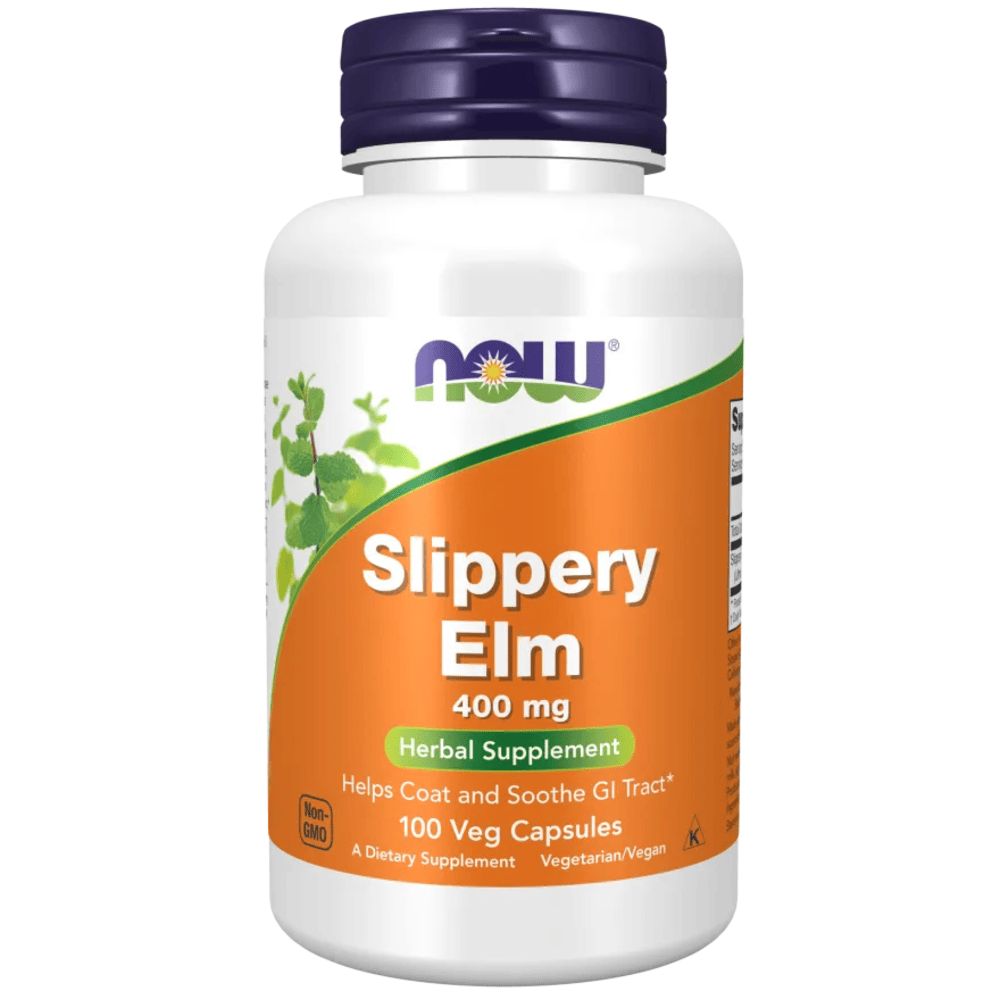 Witte fles met blauwe dop. Opschrift: Slippery Elm, 400 mg, Herbal Supplement, 100 Veg Capsules. Vegetarisch/Vegan.