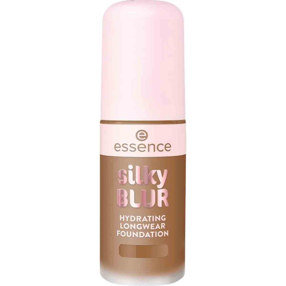 Essence Silky Blur Hydrating Longwear Foundation. Fles met roze dop, bruine inhoud.