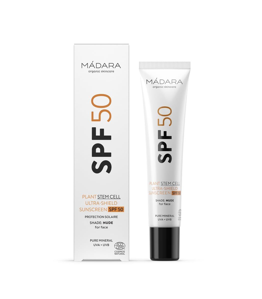 Emballage avec tube de crème solaire. Texte : SPF 50, Plant Stem Cell Ultra-Shield, Shade Nude pour le visage.