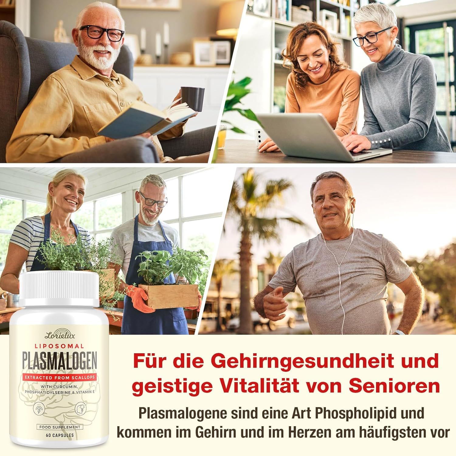 Gélules Lorielux Plasmalogen pour seniors : collage montrant des personnes âgées lisant, travaillant, jardinant et faisant du sport.