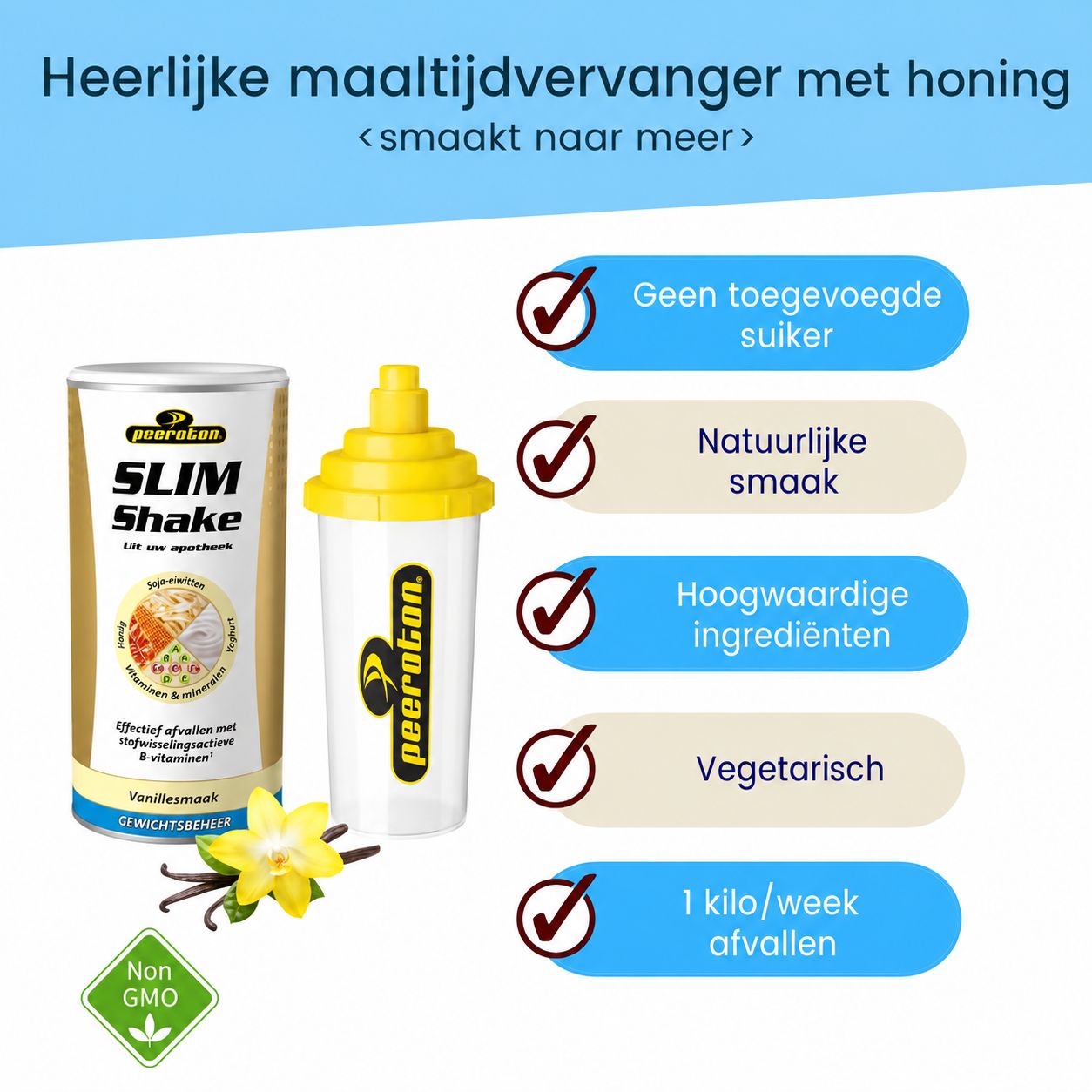Peeroton Slim Shake Vanille blik met shaker en voedingswaarden.