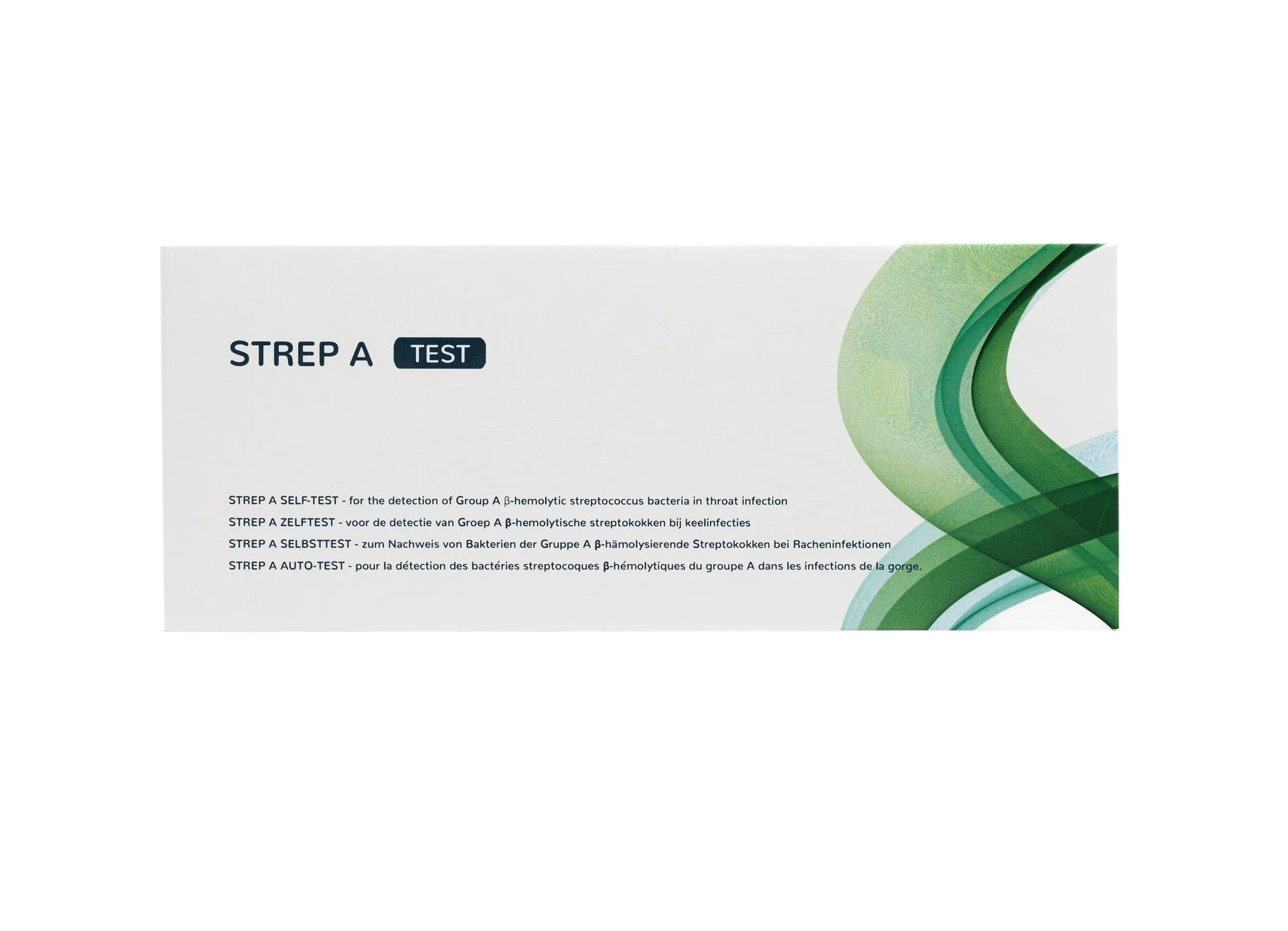 Gros plan de l'emballage du test rapide Strep A avec détails multilingues.