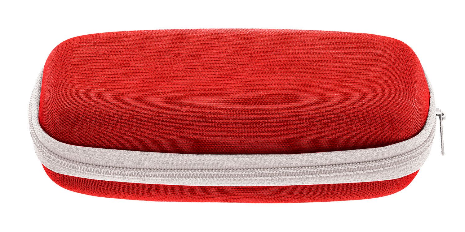 Étui à lunettes rouge avec fermeture éclair blanche. Étui rigide.