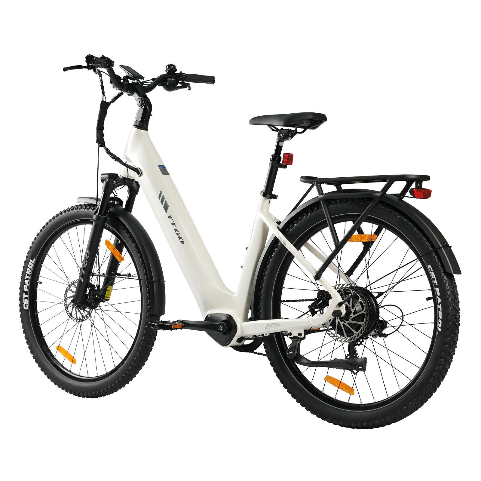 Vélo électrique blanc avec pneus noirs. Porte-bagages, garde-boue et freins à disque hydrauliques. Détails noirs.
