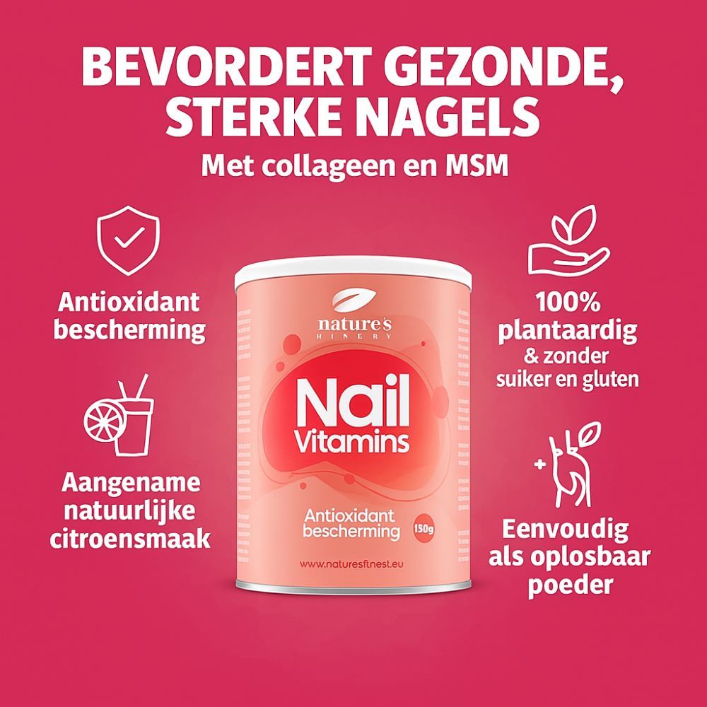 Roze achtergrond met pot "Nail Vitamins". Tekst: "Bevordert gezonde, sterke nagels". Symbolen: Antioxidant, plantaardig, citroensmaak.