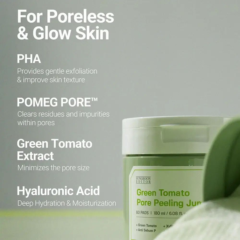 Étiquette du produit avec ingrédients et caractéristiques. Texte: Green Tomato Pore Peeling Jumbo Pad. Marque: SUNGBOON EDITOR.